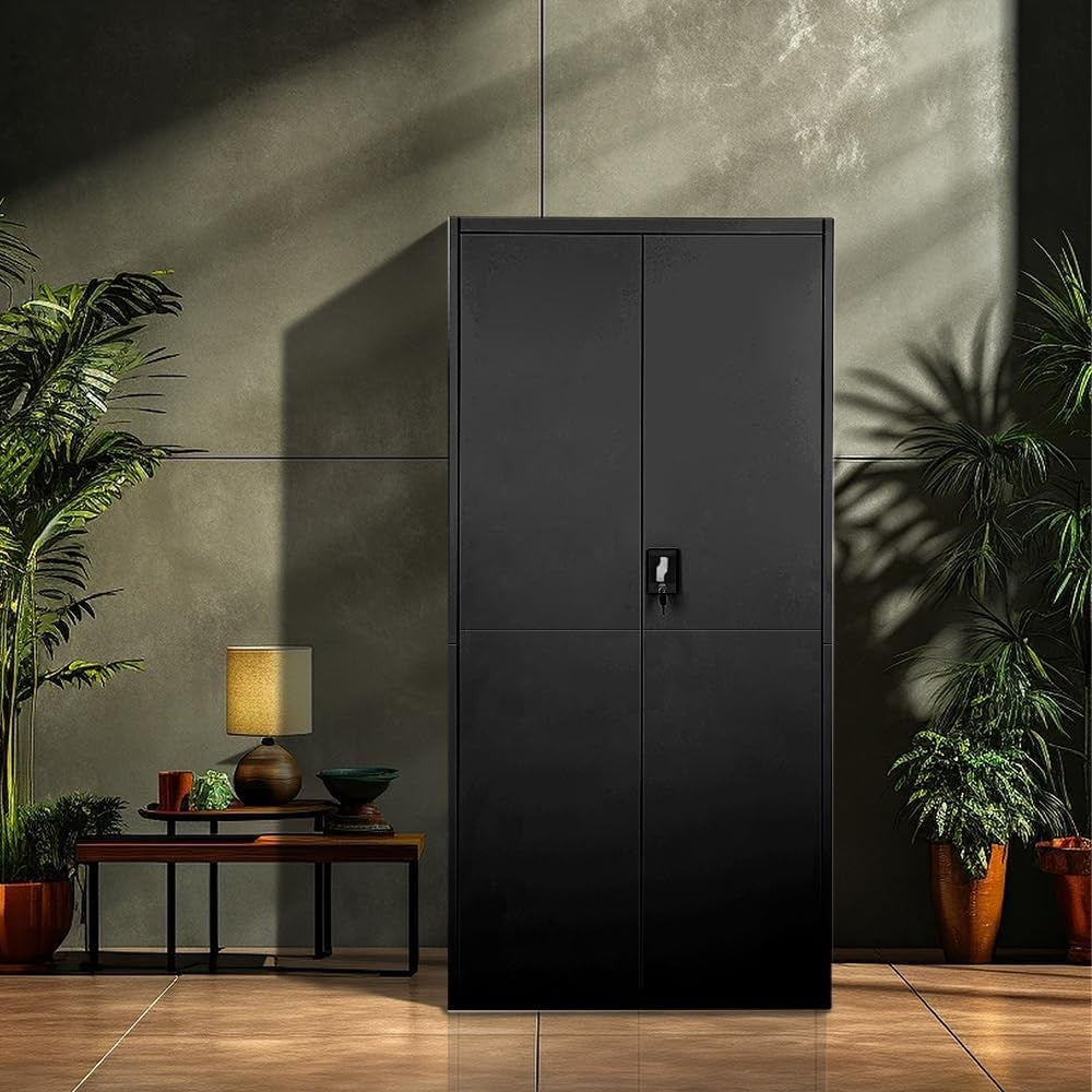 Tall Black Metal Storage Cabinet 2 Door Cupboard 5 Shelves 185cm Lockable