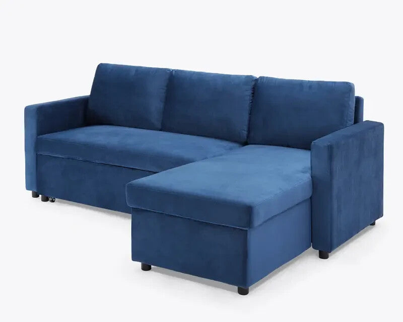 3 Seater Sofa Bed Blue Velvet | Pull Out Chaise with Storage | Reversible