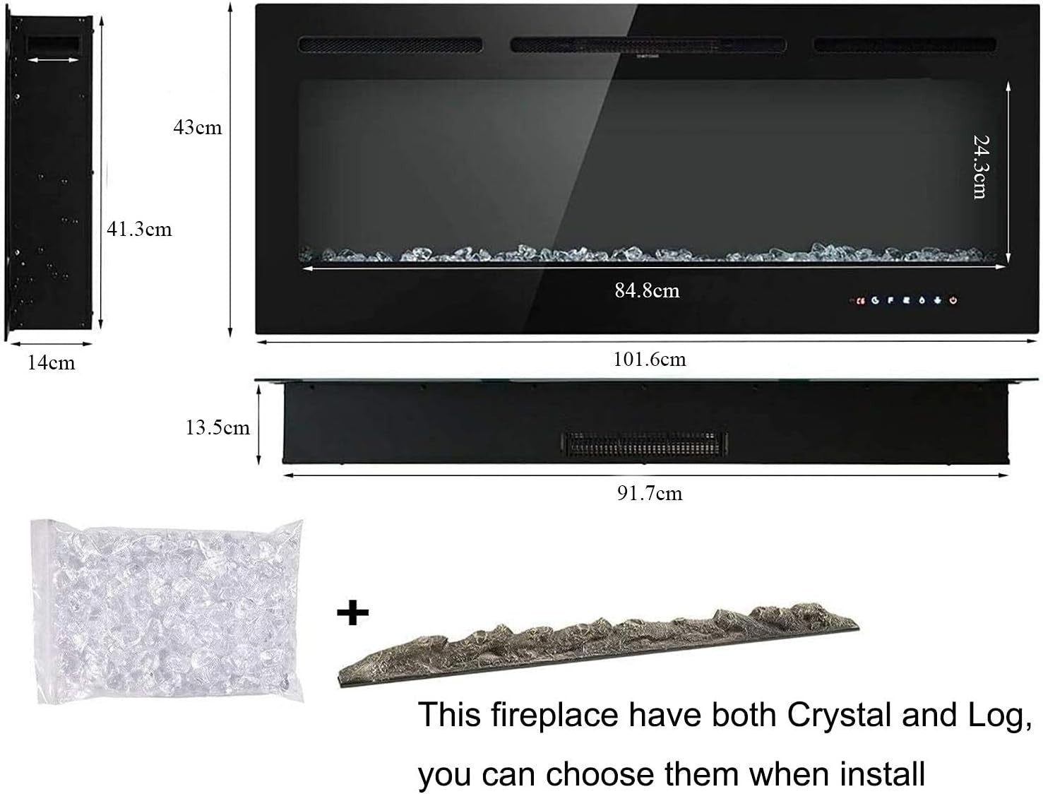Wall Mounted Electric Fireplace 1800W Touch Remote LED Flame Adjustable