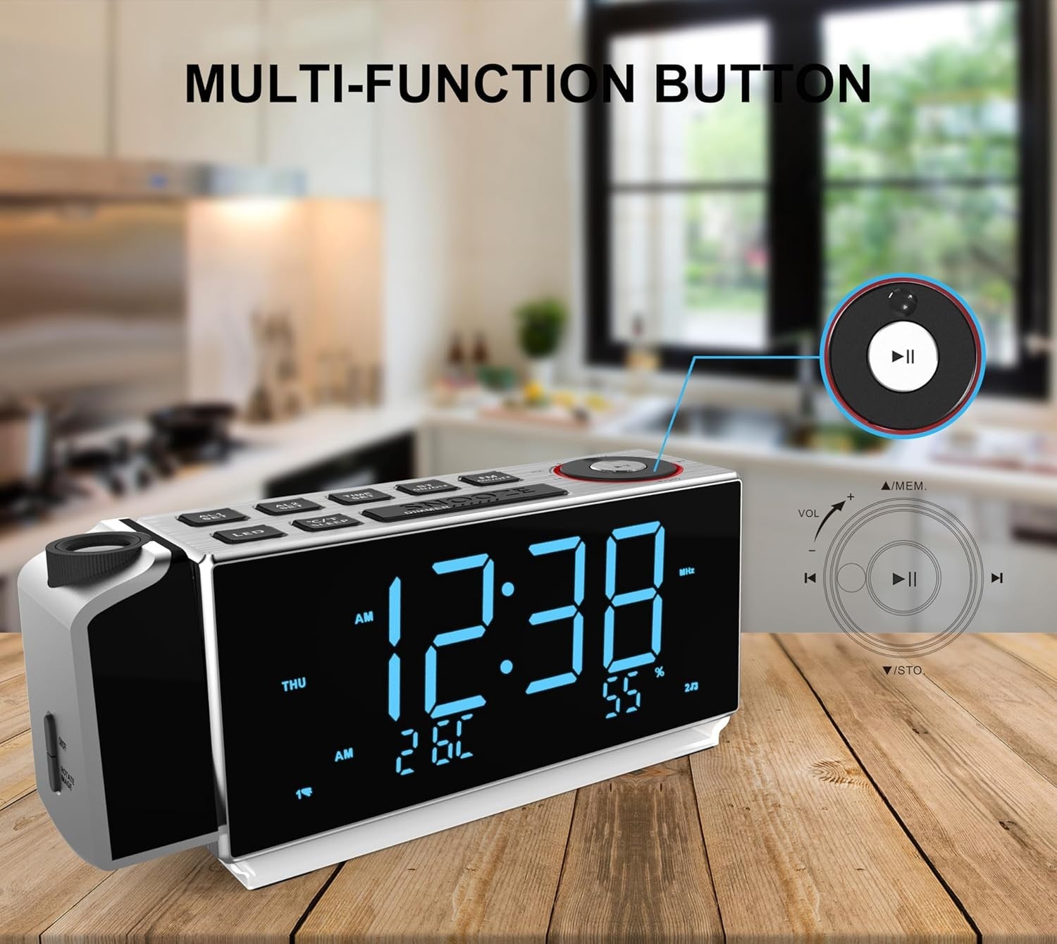Projection Alarm Clock FM Radio Bluetooth Dual Alarm USB Charging Bedside