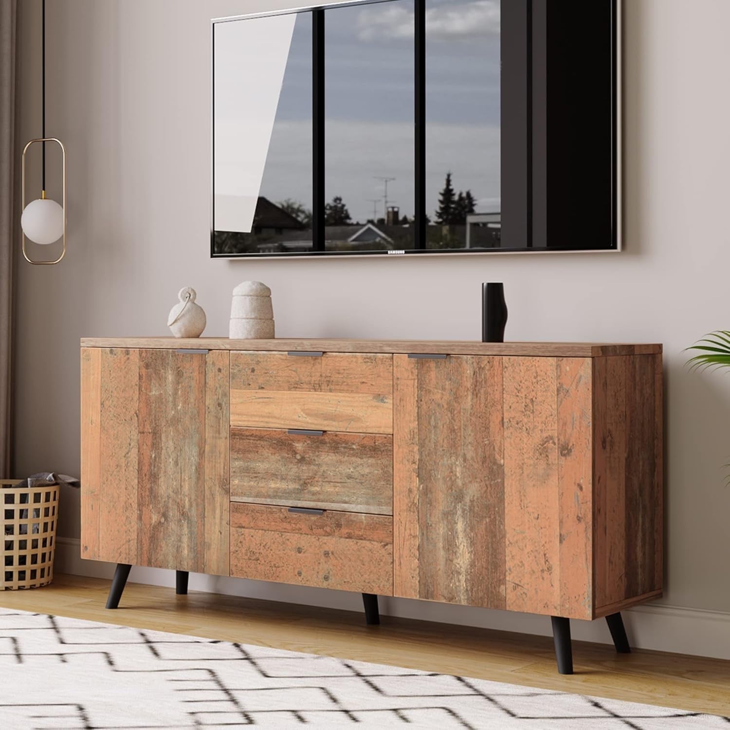 Rustic Sideboard Cabinet with 2 Doors & 3 Drawers, Adjustable Shelves Storage