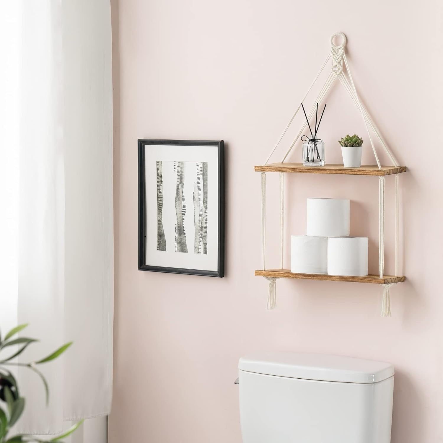 Boho Macrame 2-Tier Hanging Shelf Wood Floating Wall Decor