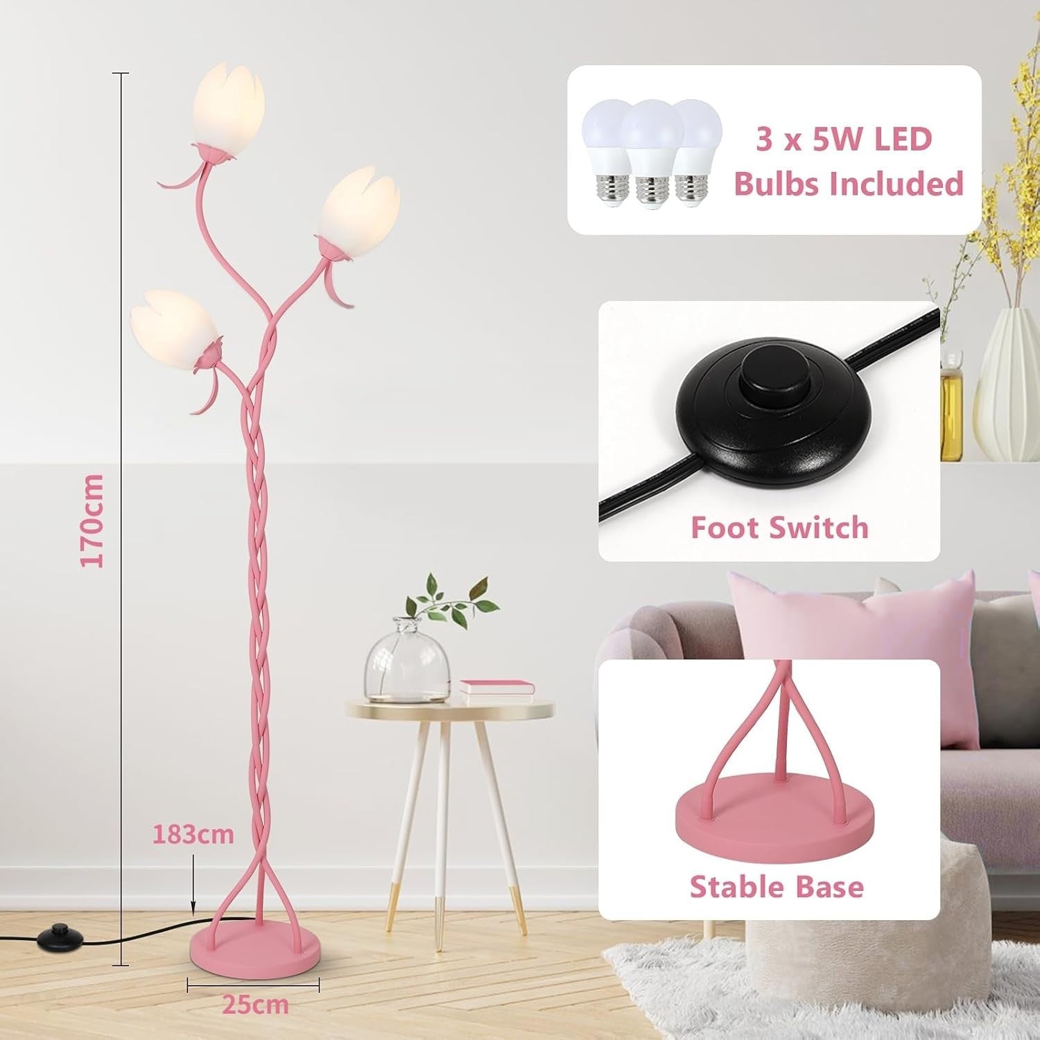 3-Light Pink Floor Lamp Tulip Shades LED Standing Lamp Bedroom Living Room