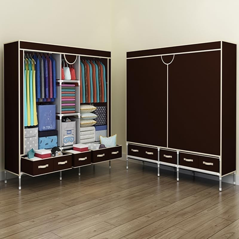 Large Canvas Wardrobe Storage Unit 5 Drawers Hanging Rail Shelves 175cm
