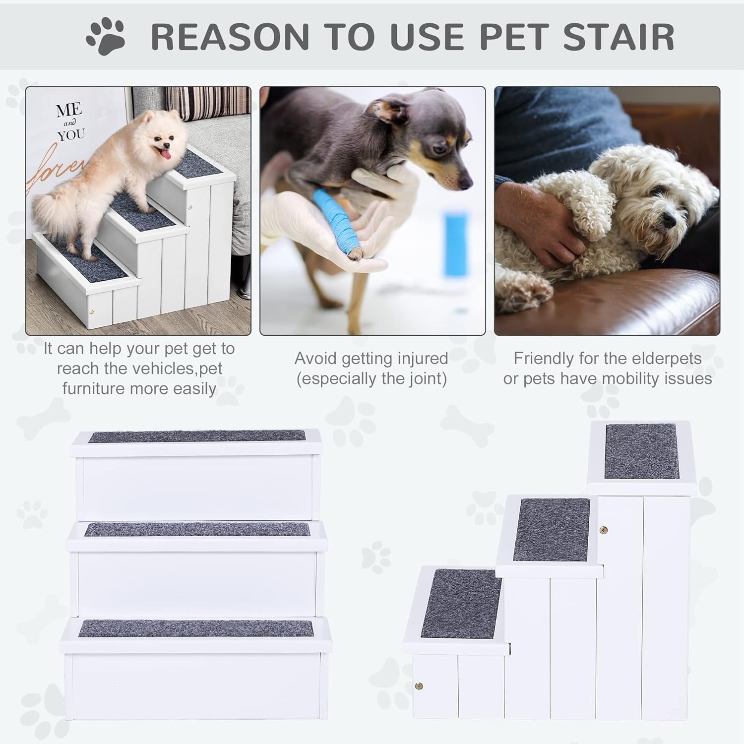 3-Step Wooden Dog Stairs Cat Ladder Bed Access with Storage White
