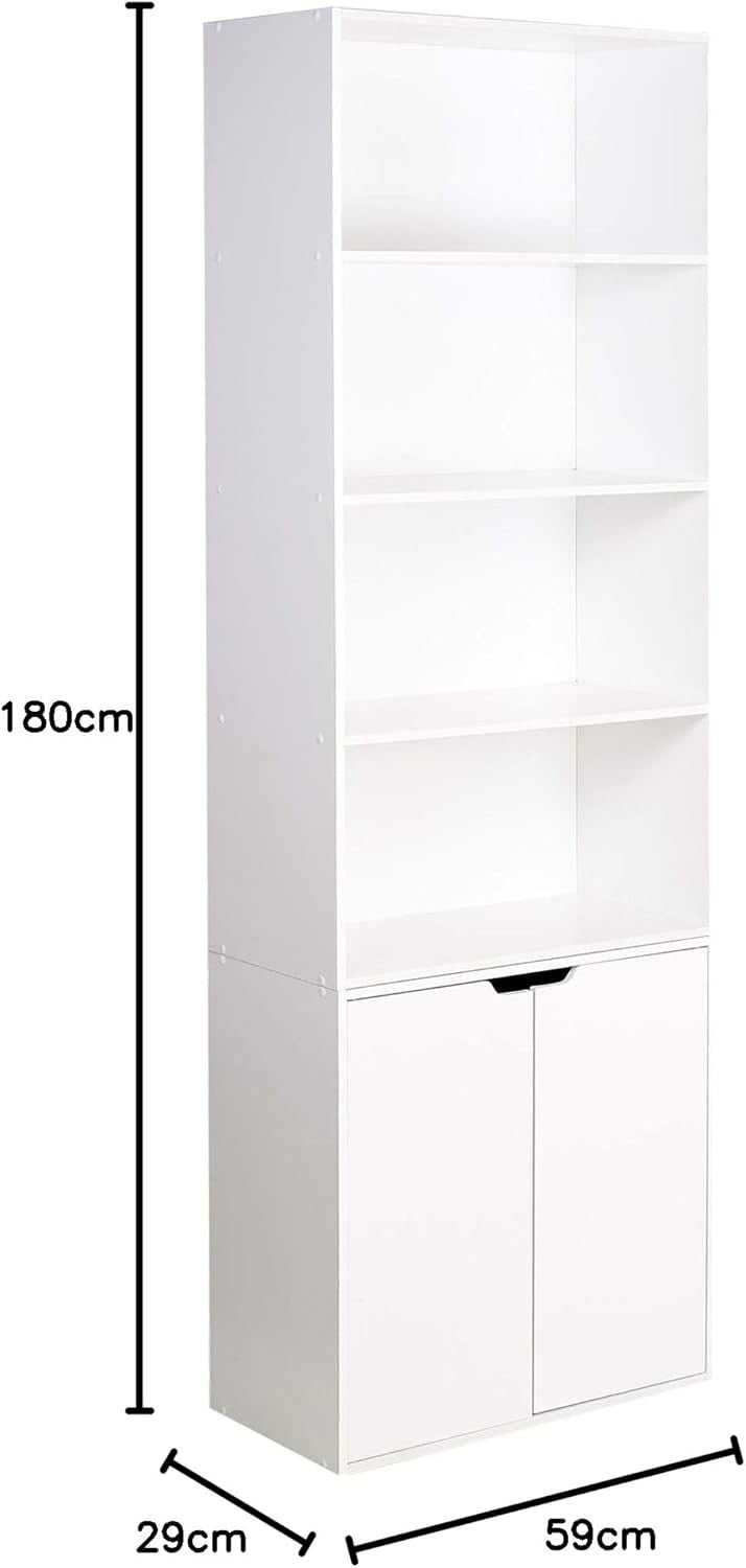 White 6 Tier Bookshelf with Cupboard Modern Storage Unit 59x29x180cm