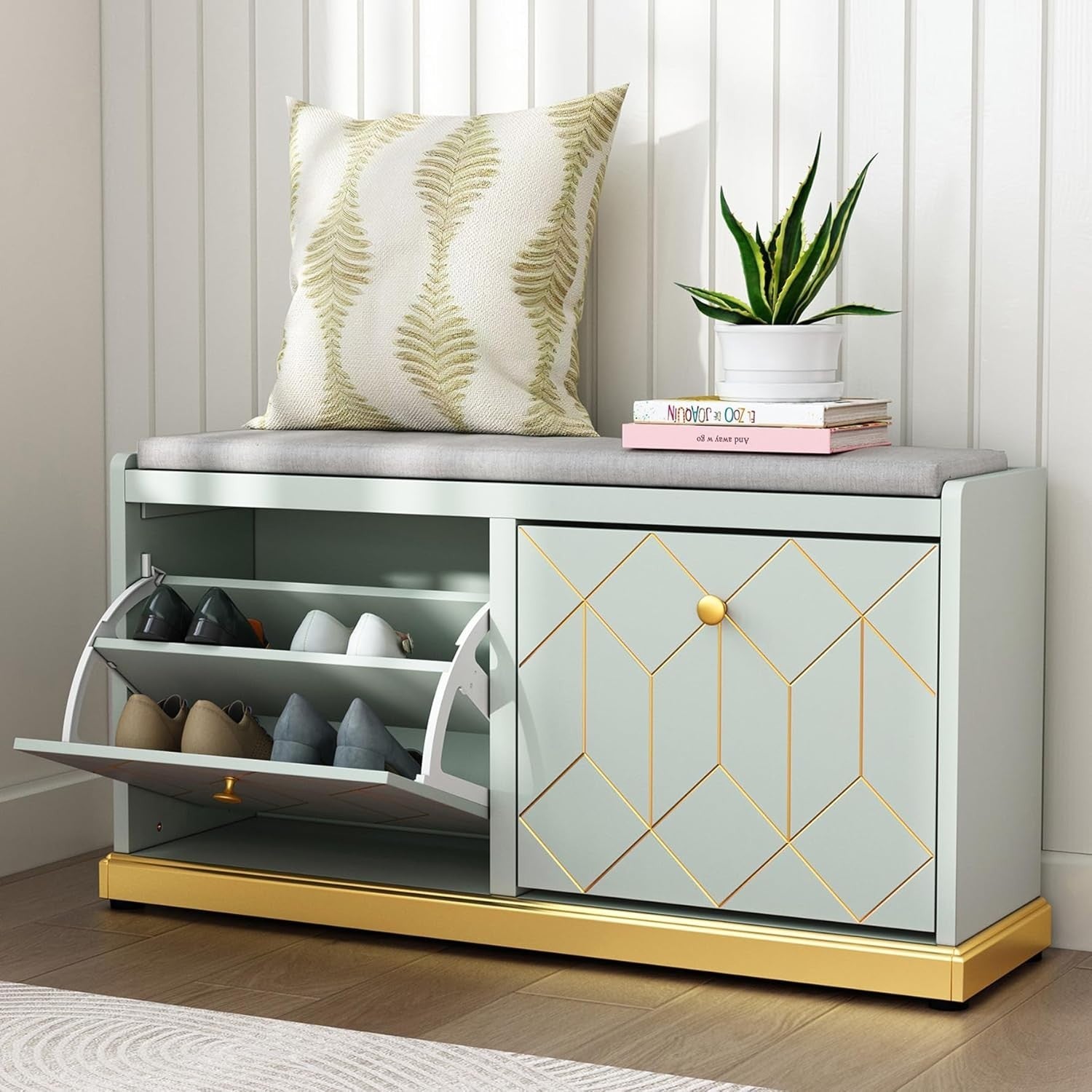 Green Shoe Bench with Cushion & Flip Drawer Hallway Storage 99.6x27.2x49.5cm