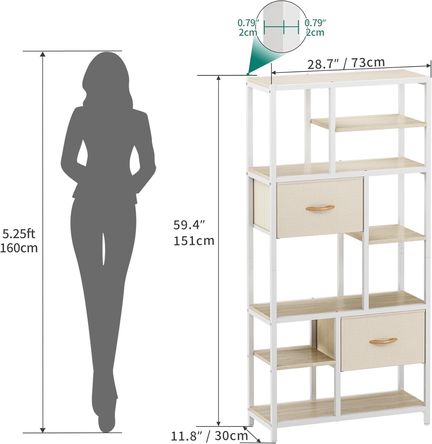 7-Tier Industrial Bookshelf with Drawers, Tall Storage Display Unit Beige