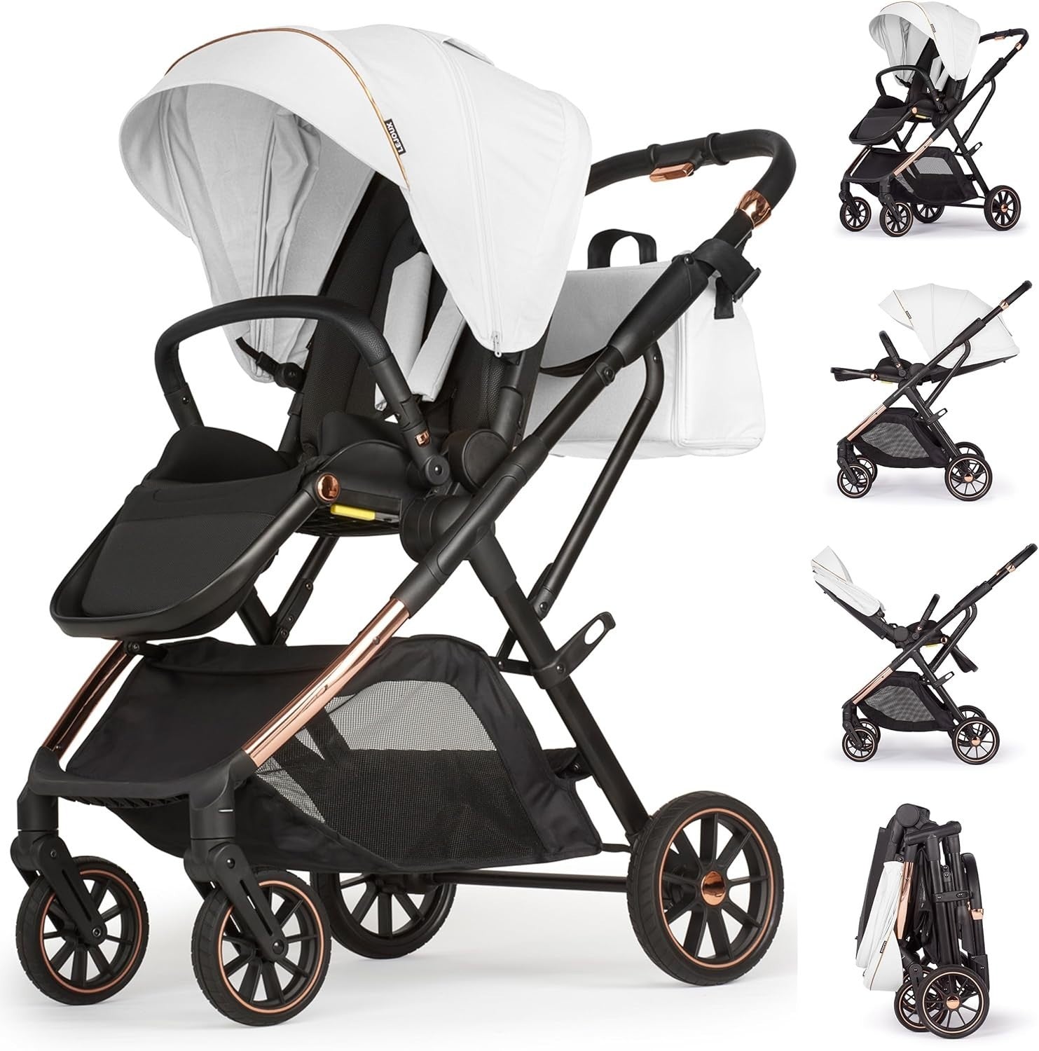 Baby Pushchair Reclining Seat Smooth Suspension Compact Stroller Pearl White
