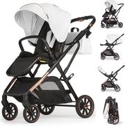 Baby Pushchair Reclining Seat Smooth Suspension Compact Stroller Pearl White