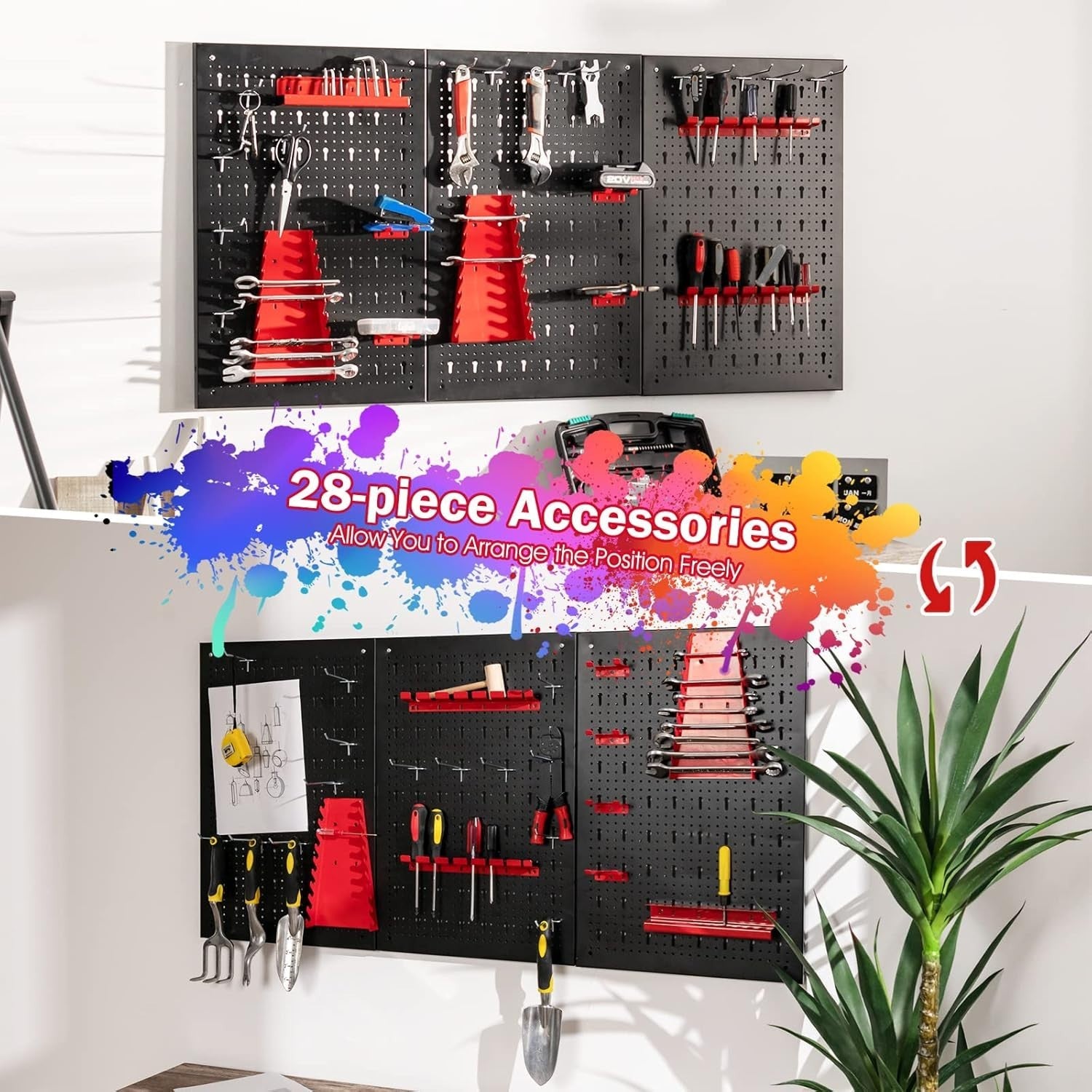 Wall-Mounted Tool Rack Organizer 3 Pegboards + 25 Hooks Black Red