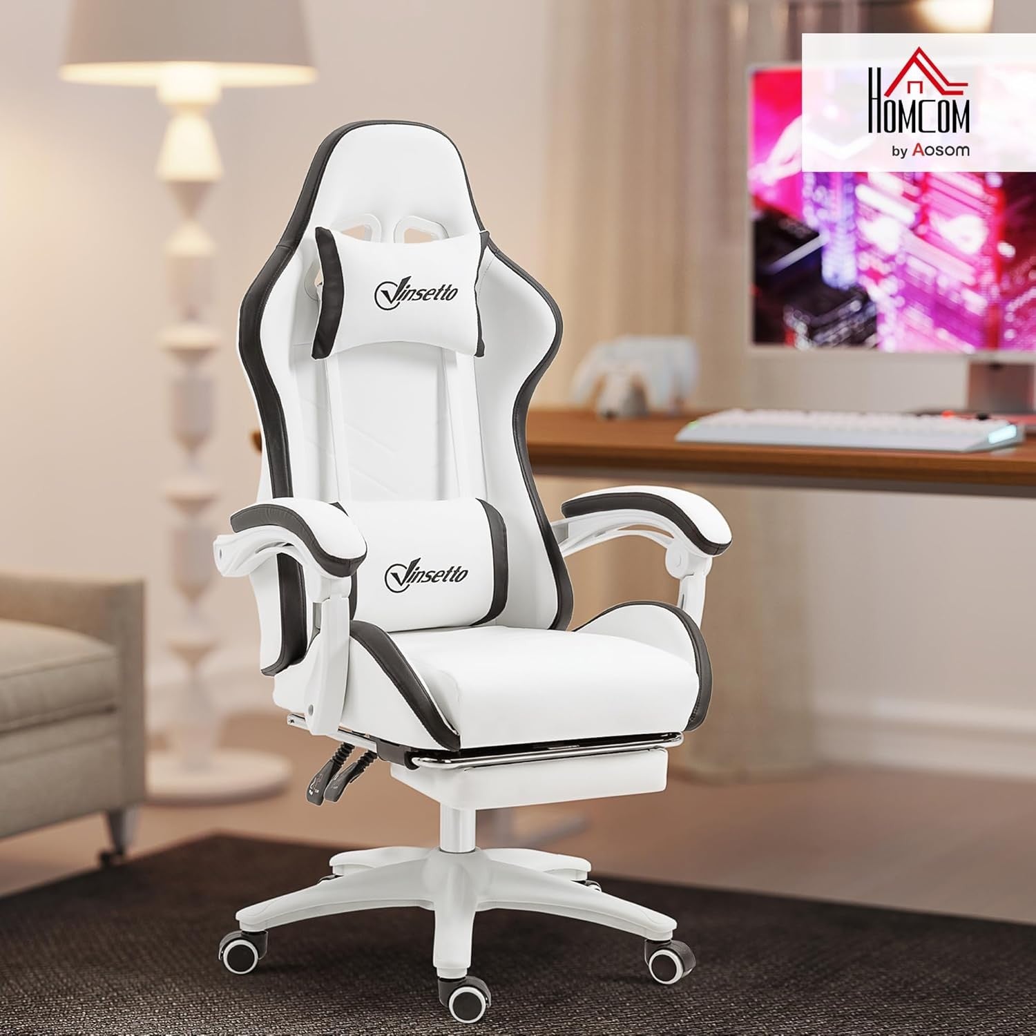 Gaming Chair PU Leather Recliner w/ Footrest 135° Swivel White Black