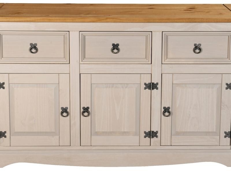 Solid Pine Sideboard Cabinet Grey 3 Door 3 Drawer Storage Cupboard Unit