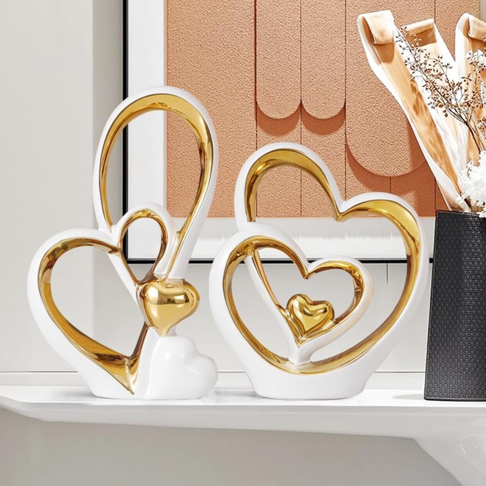 Tall White Gold Heart Sculpture Modern Ceramic Ornament Luxury Home Decor Gift