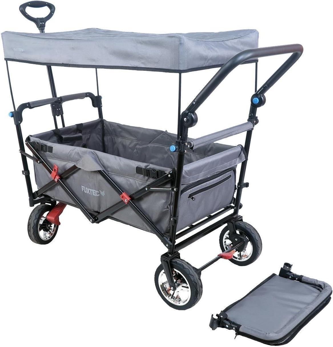 Grey Folding Kids Wagon w/ Roof Push Pull Cart Brakes Solid Wheels & Extension