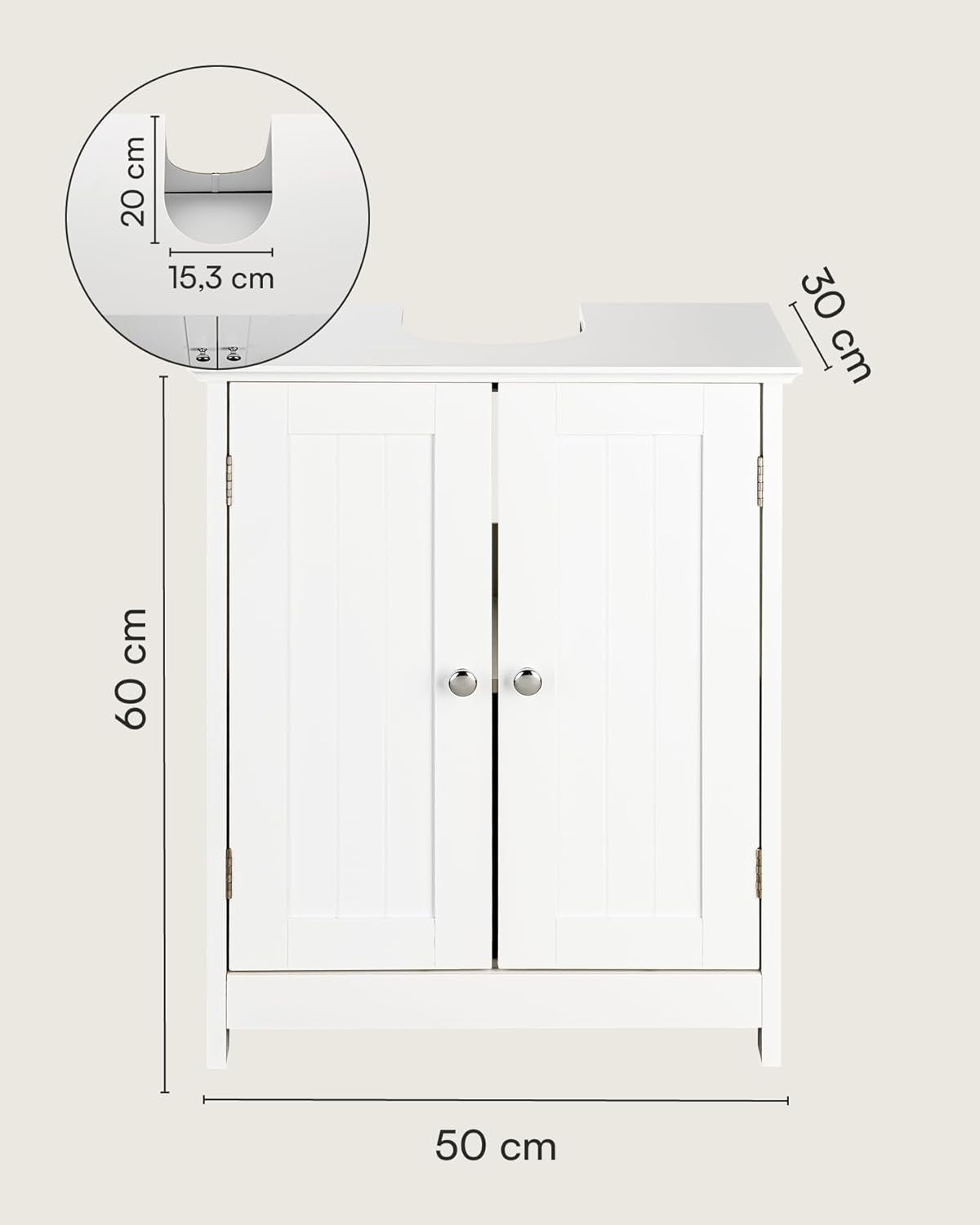 Rustic White Under Sink Bathroom Cabinet with Double Doors & Storage Shelf