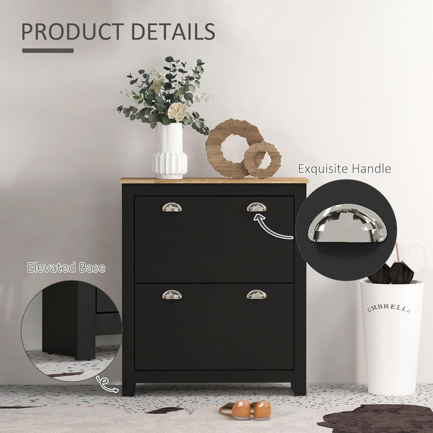 2-Drawer Narrow Shoe Cabinet with Flip Doors & Adjustable Shelves Black