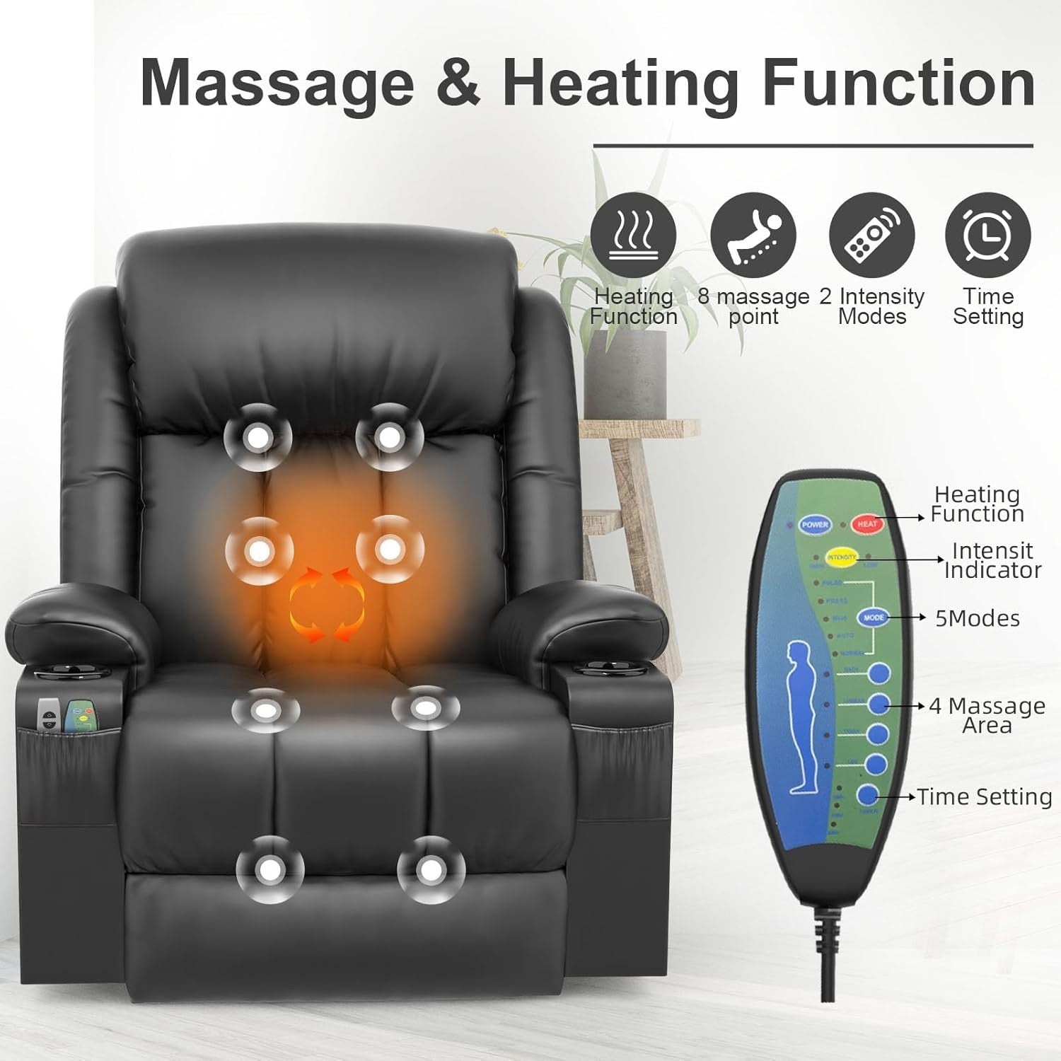 Power Lift Recliner Chair Massage Heat USB Ports Cup Holders Fabric Black