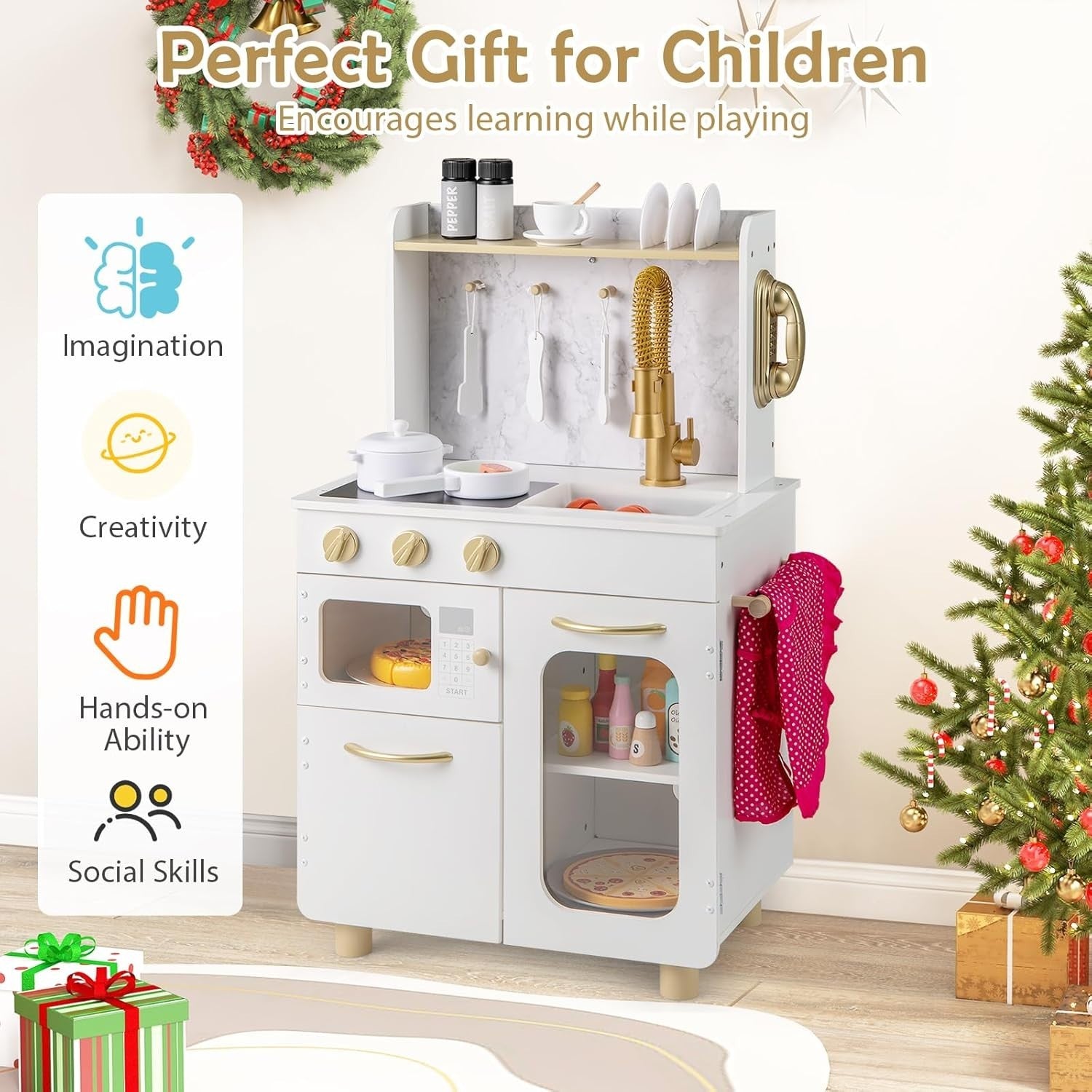 Wooden Kids Play Kitchen White Toy Set Microwave Oven Telephone