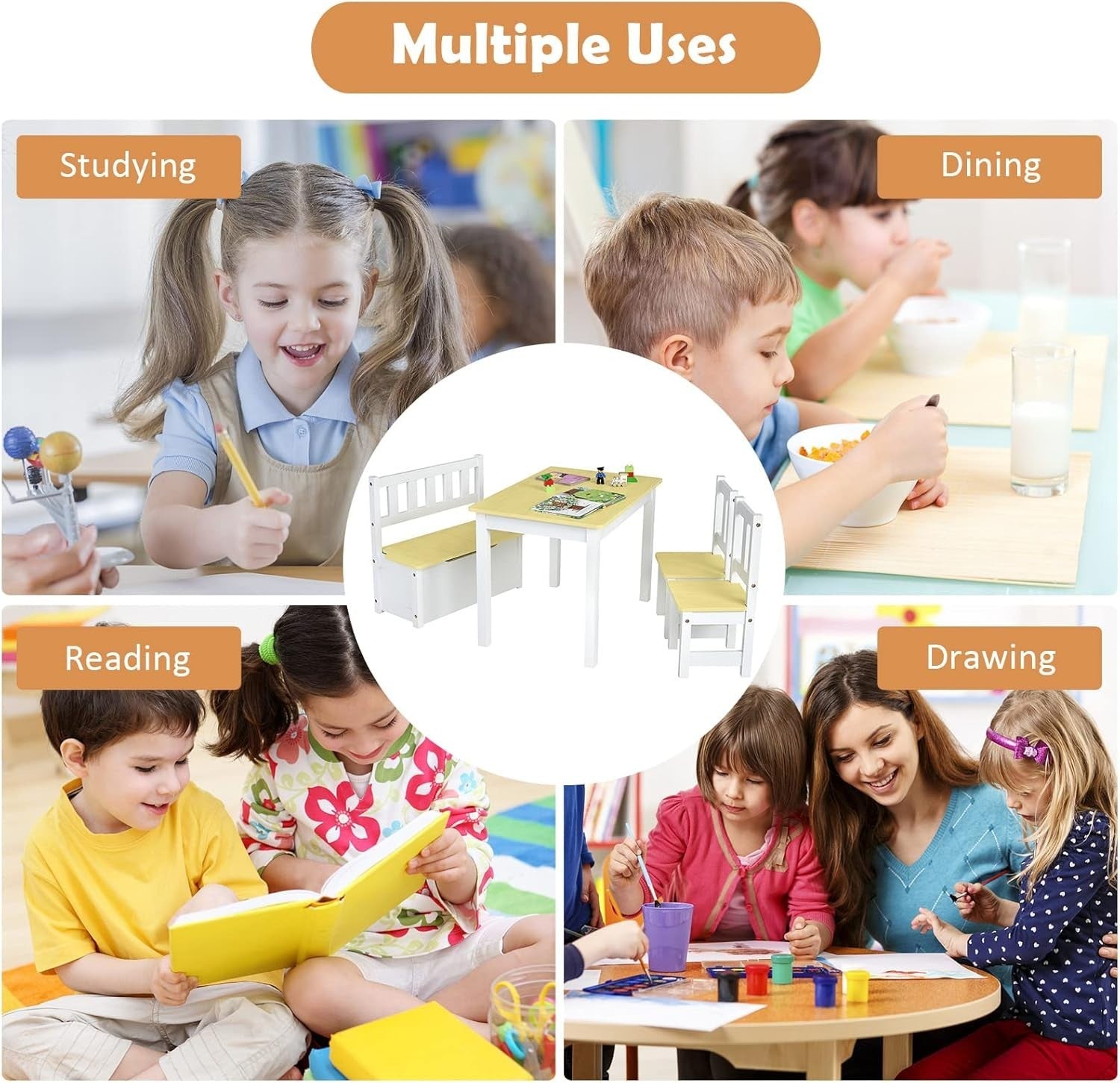Kids Wooden Table Chair Set with Storage Bench 4pc Toddler Furniture