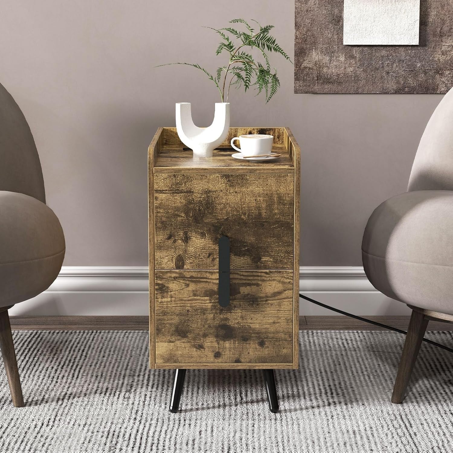 Slim Rustic Bedside Table with Charging Ports, 2-Drawer Narrow Nightstand