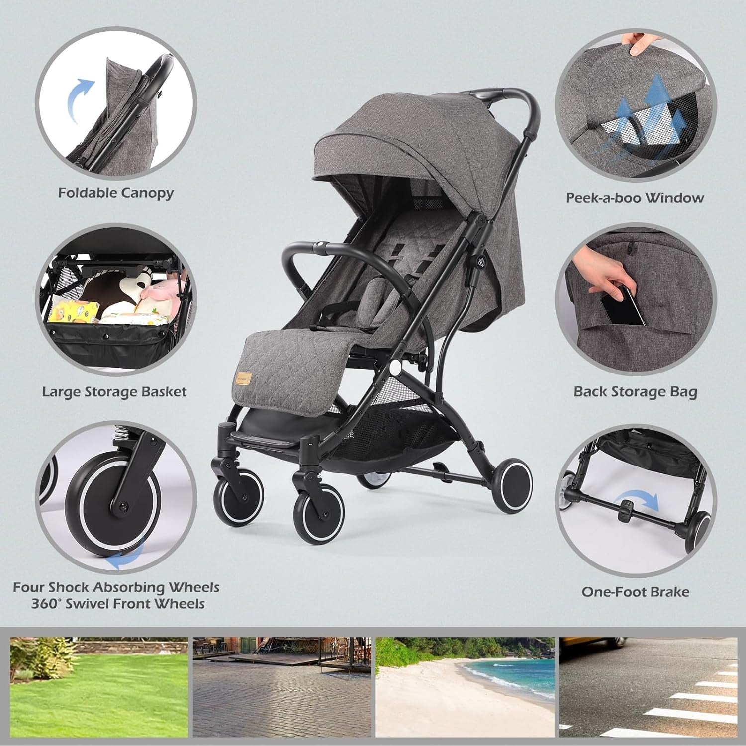 Lightweight Travel Pushchair Buggy One-Hand Fold Newborn–3Y 15kg Dark Grey