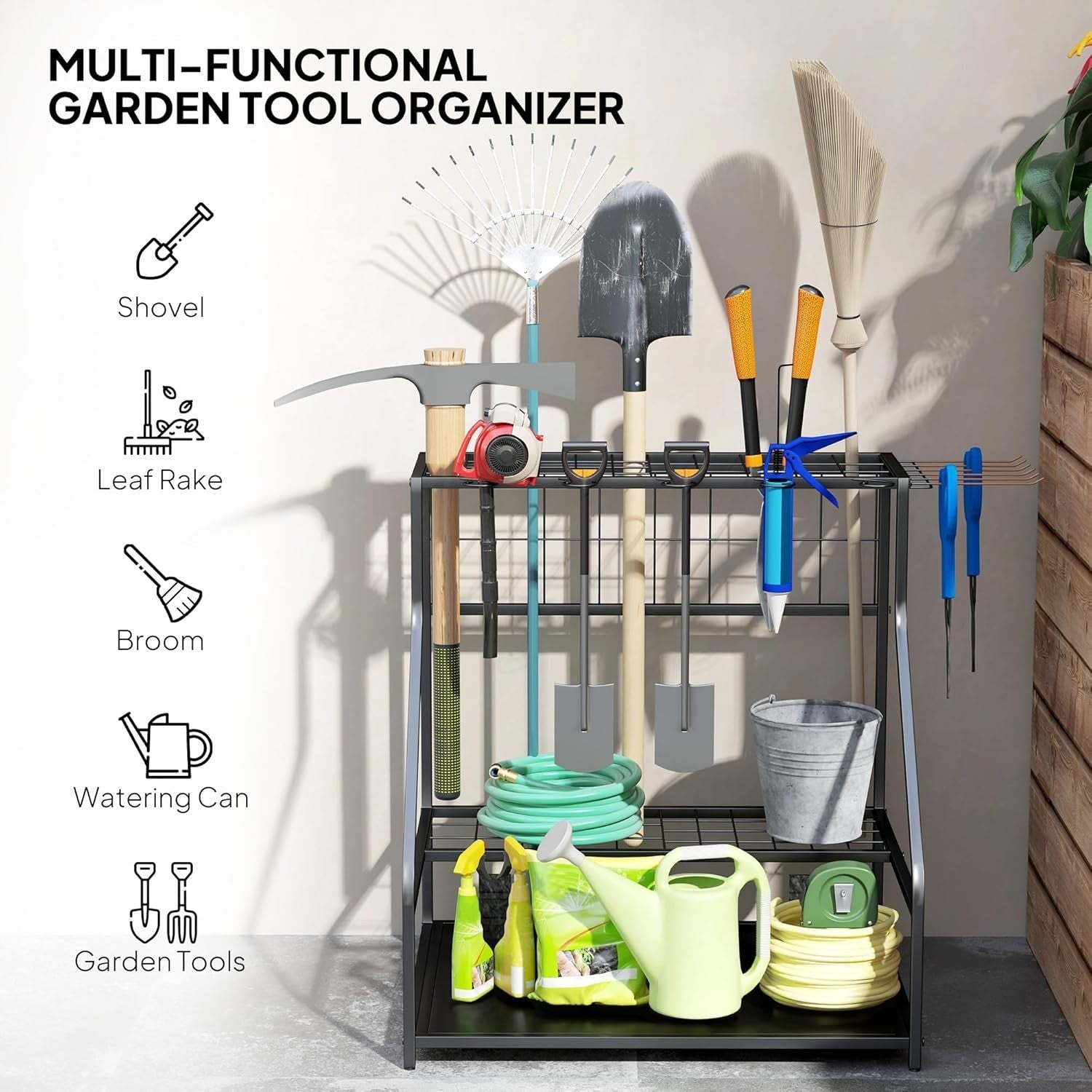 3-Tier Garden Tool Rack 11 Hooks Corner Shed Organizer Black Metal