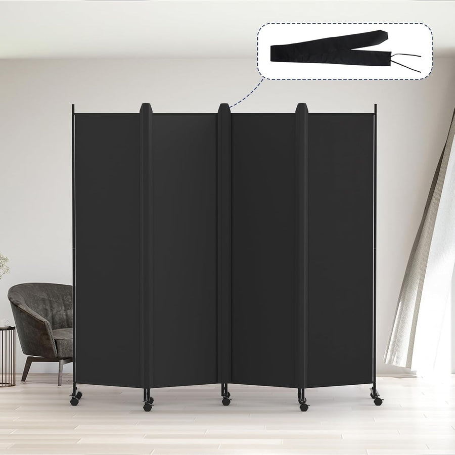 4 Panel Black Folding Room Divider with Lockable Wheels 88x70 Inch