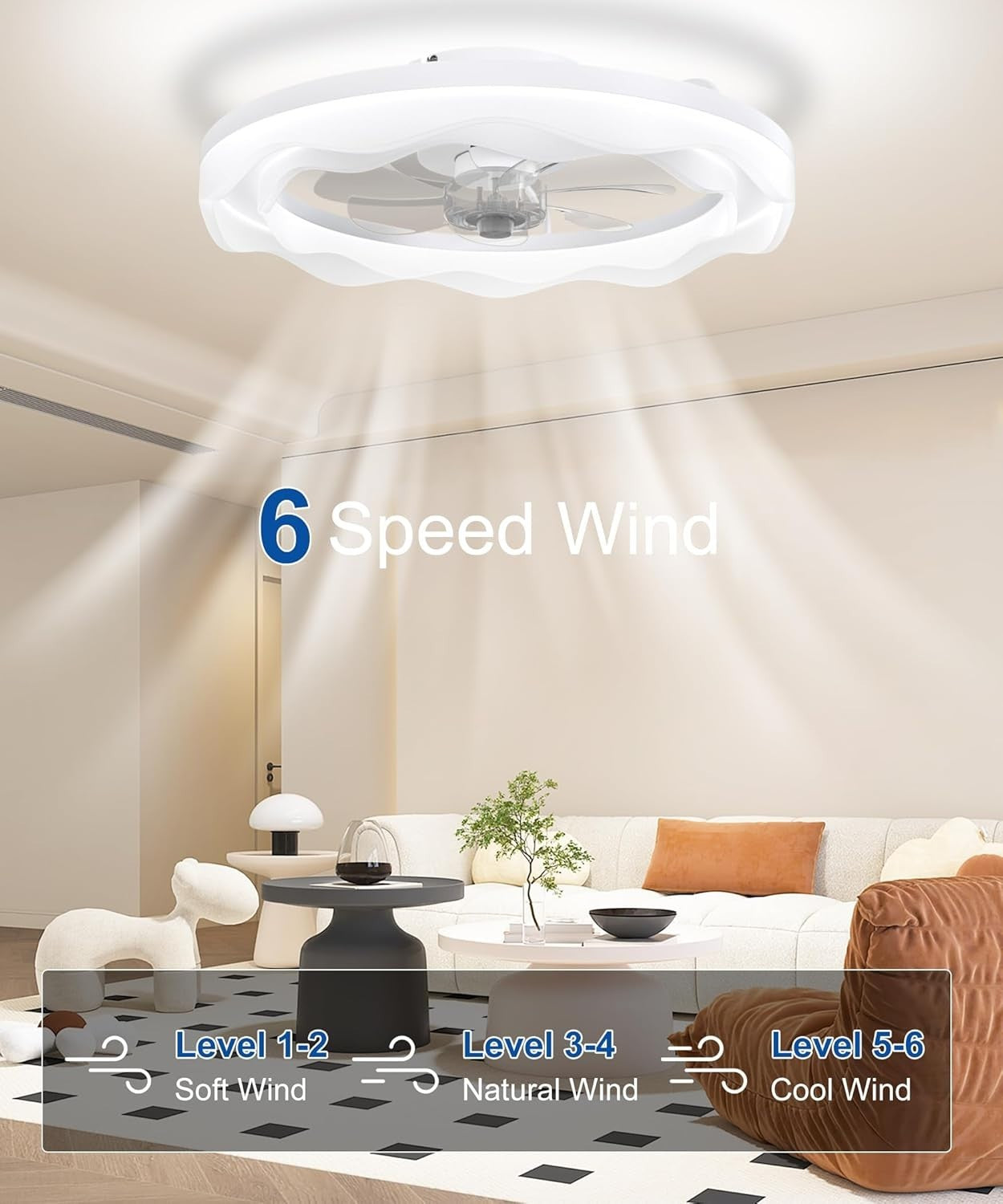 20" Ceiling Fan Light, 6 Speeds, Dimmable, Reversible, App & Remote