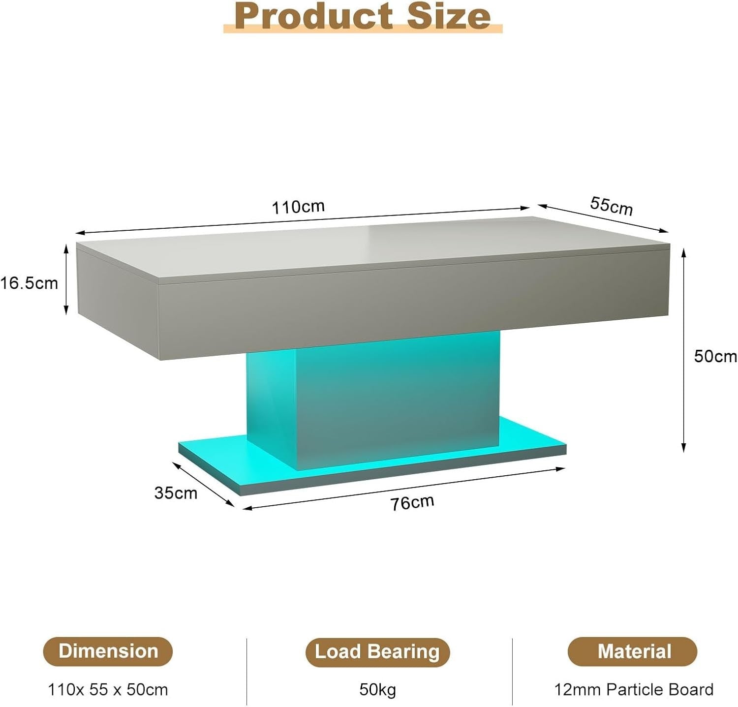 Modern Grey LED Coffee Table, High Gloss Rectangular 110x55cm