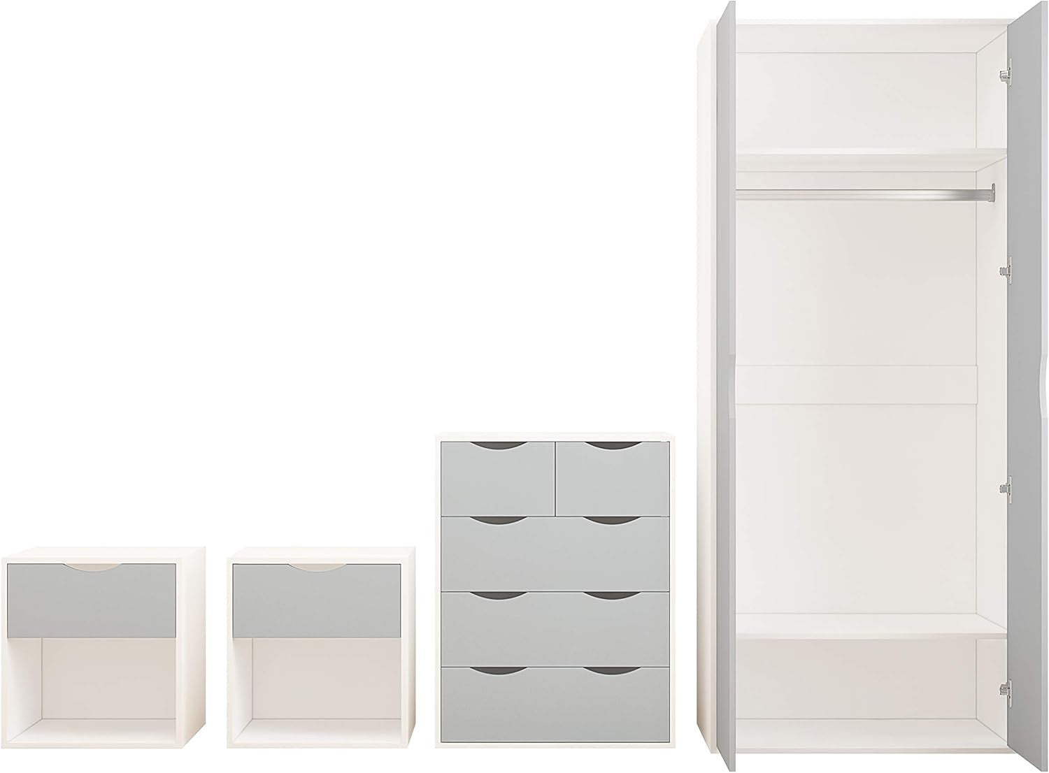 4pc Bedroom Furniture Set Wardrobe Chest Bedside Cabinet Grey on White