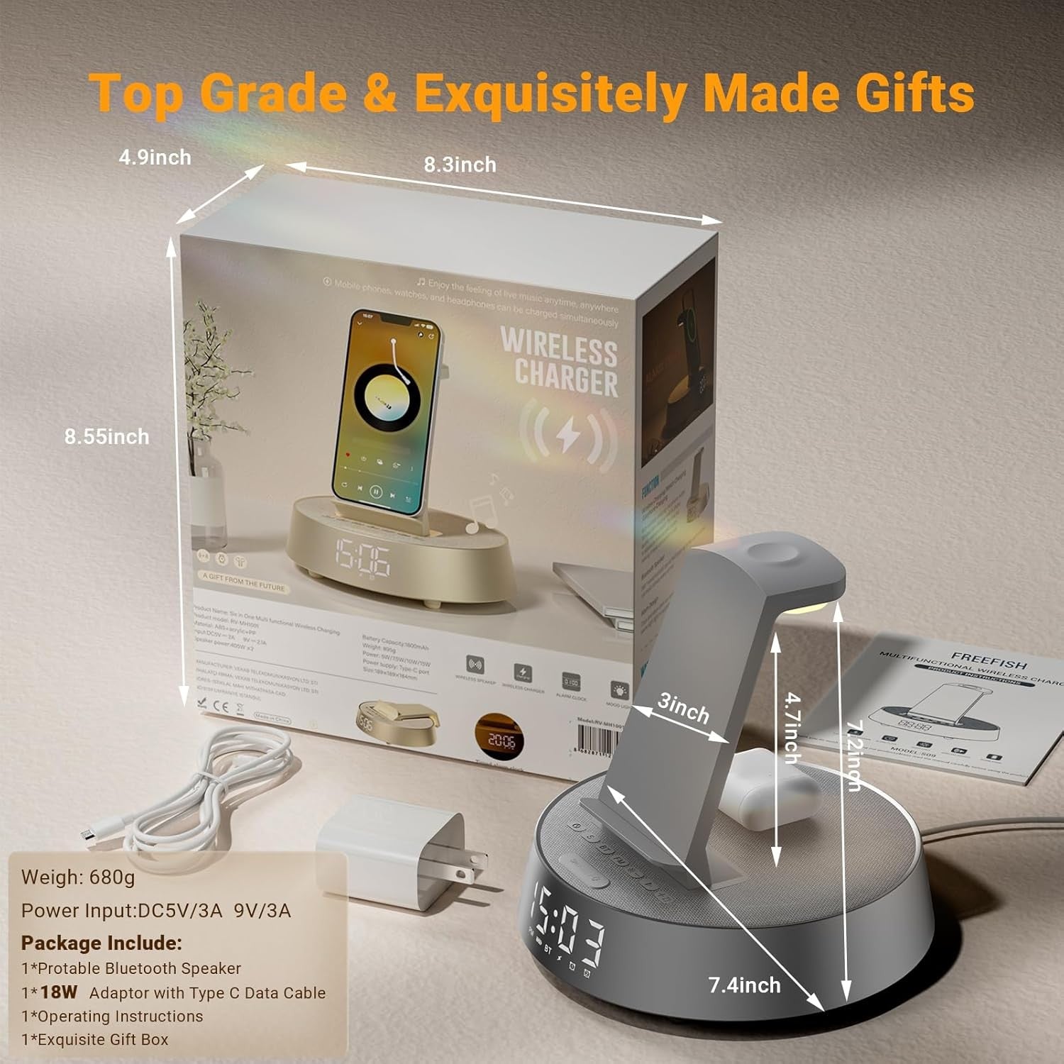 Wireless Charging Alarm Clock Bluetooth Speaker Night Fast Charger