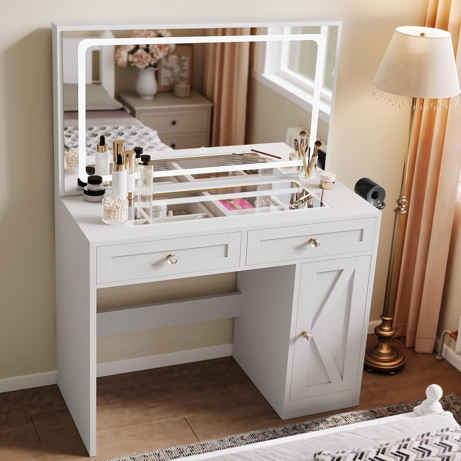 Dressing Table Vanity Set Mirror Lights Desk 2 Drawers Charging Hub S
