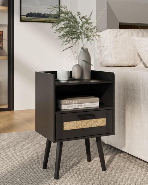 Black Rattan Bedside Table with Drawer & Shelf – Modern Wood Accent Nightstand