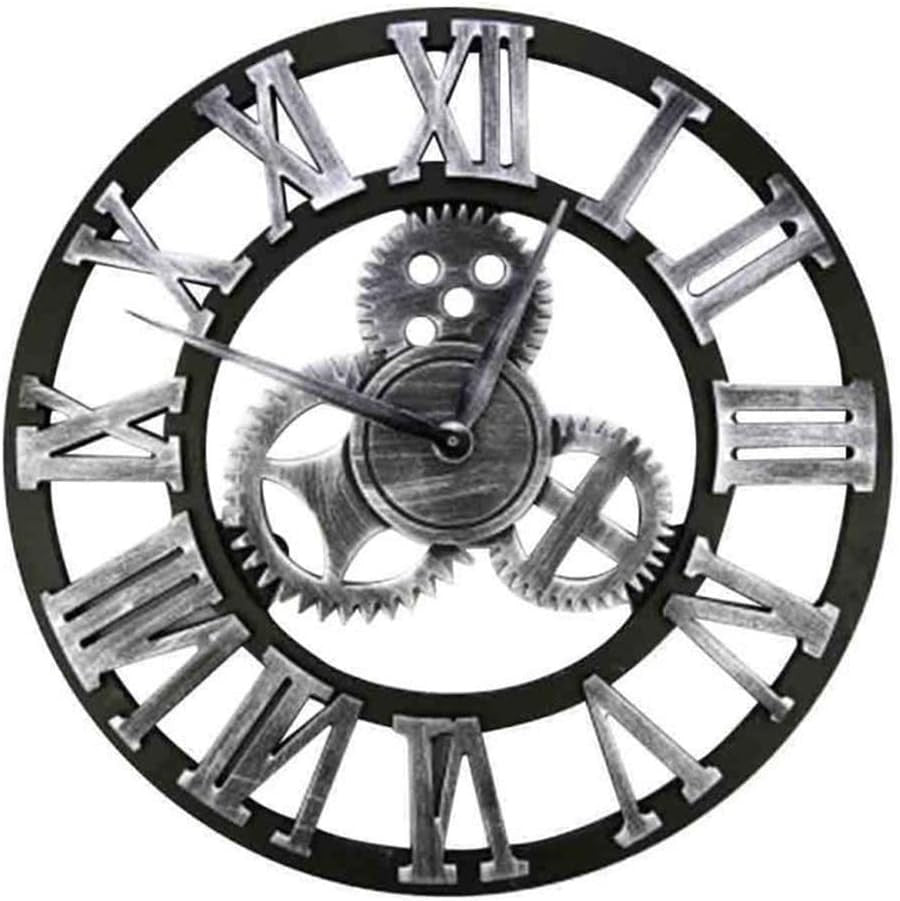 45cm Silver Gear Wall Clock Large Roman Numerals Silent Metal Vintage Decor