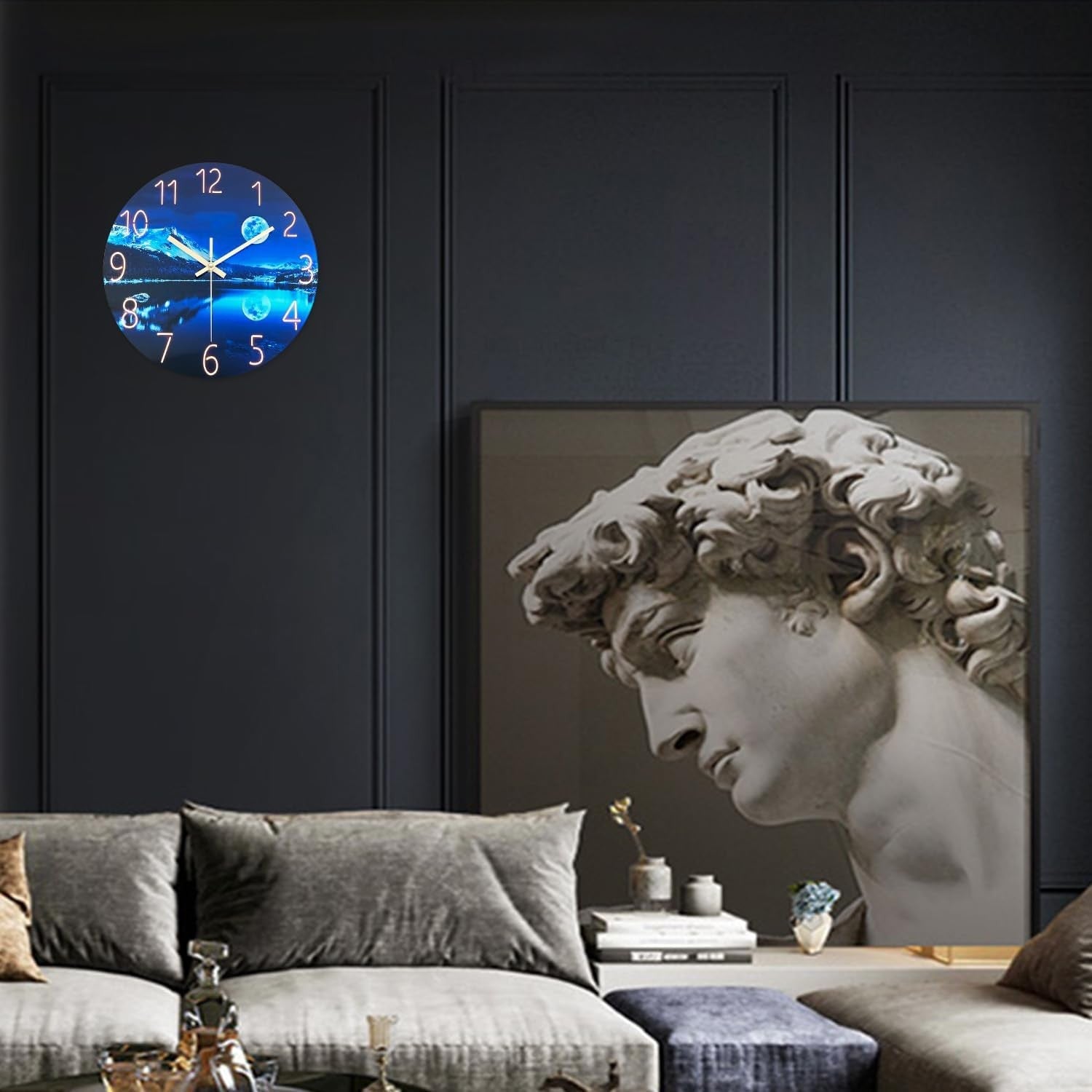 Blue Moon 12" Glass Wall Clock Silent Non-Ticking Modern Bedroom Decor