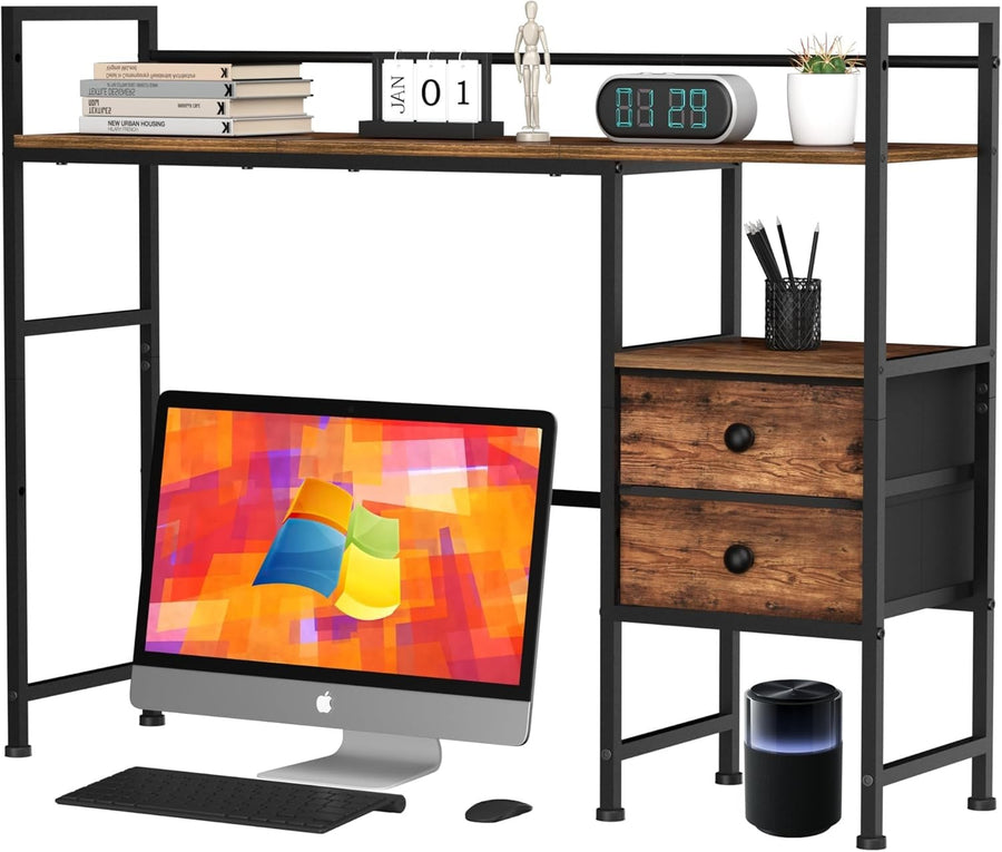 39" Desk Hutch Shelf Rustic Brown | 4-Tier Desktop Organizer Rack with Drawers