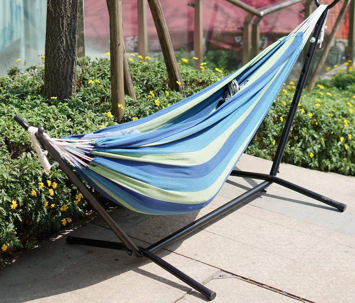 Outdoor Camping Hammock with Steel Stand Portable Cotton Swing Bed