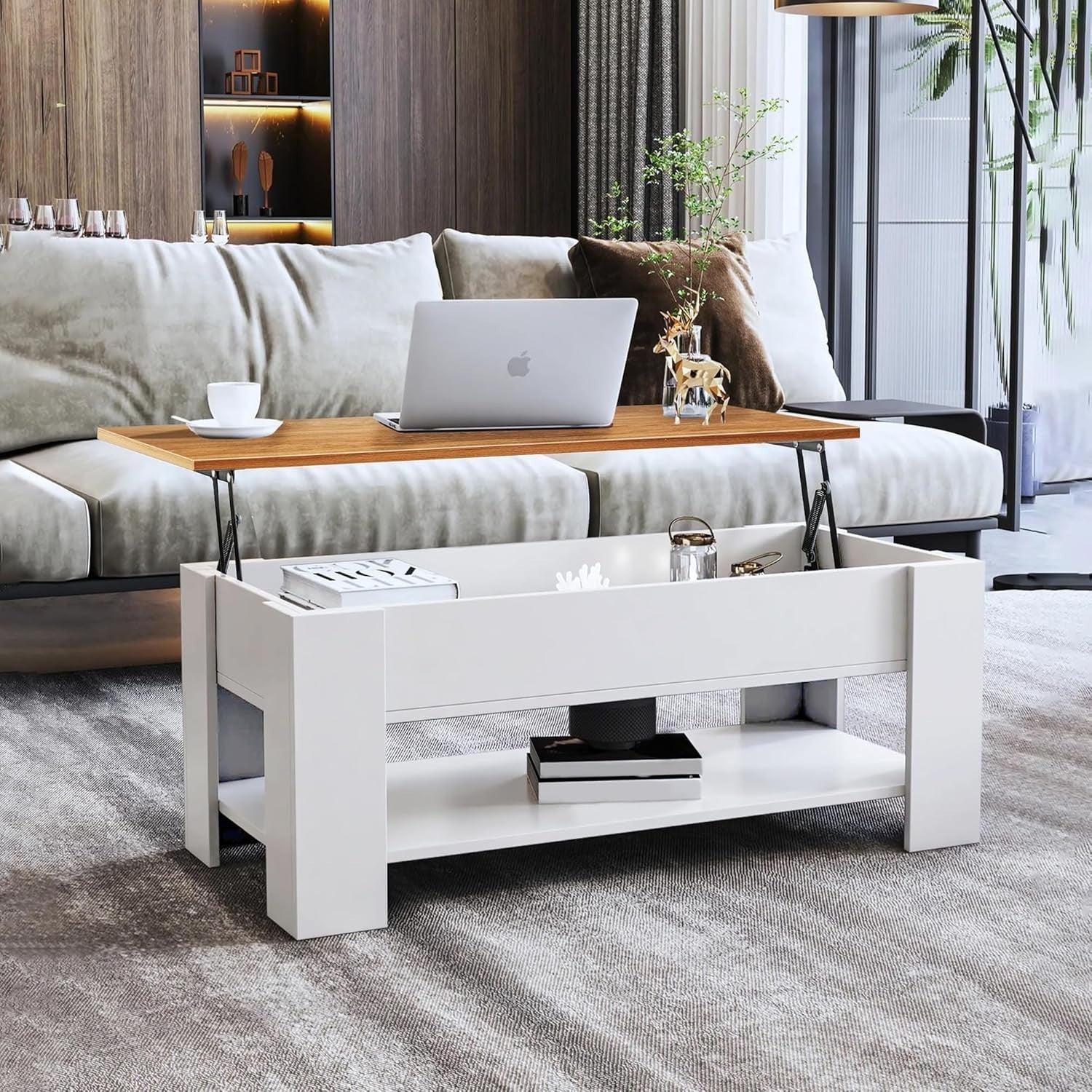 Lift Top Coffee Table with Hidden Storage, Modern Wooden Sofa Table, 100x50cm