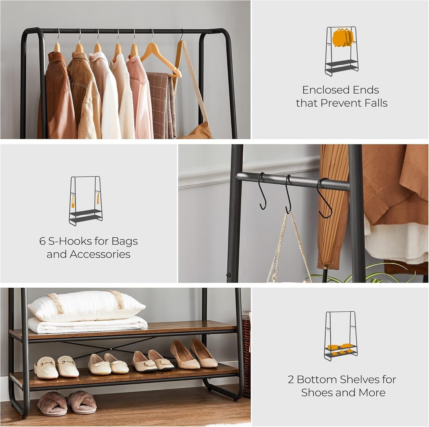 Heavy Duty Clothes Rail with Shelves & Hooks Rustic Brown Black