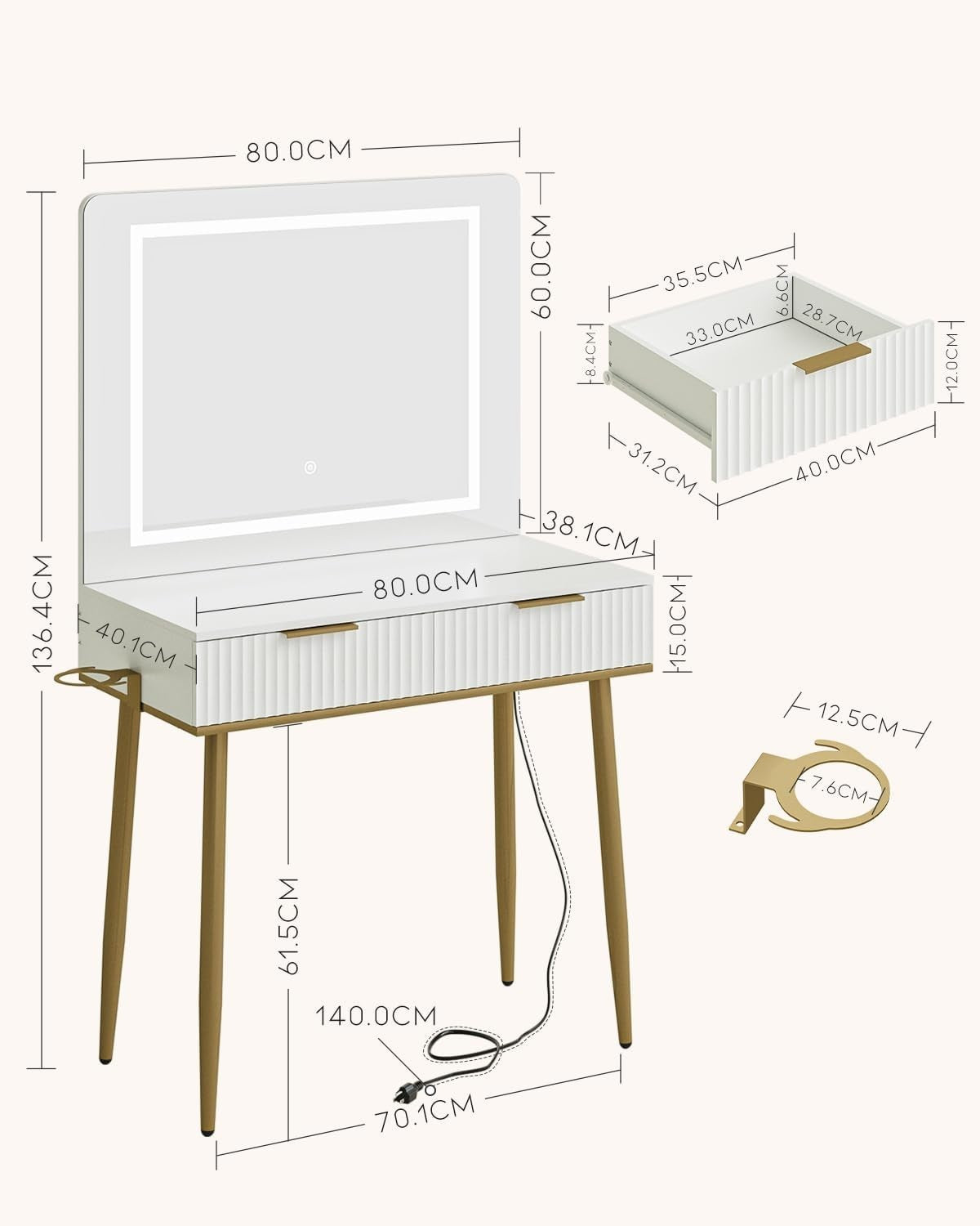 White Dressing Table Makeup Desk LED Light Mirror Drawers Gold Legs Modern