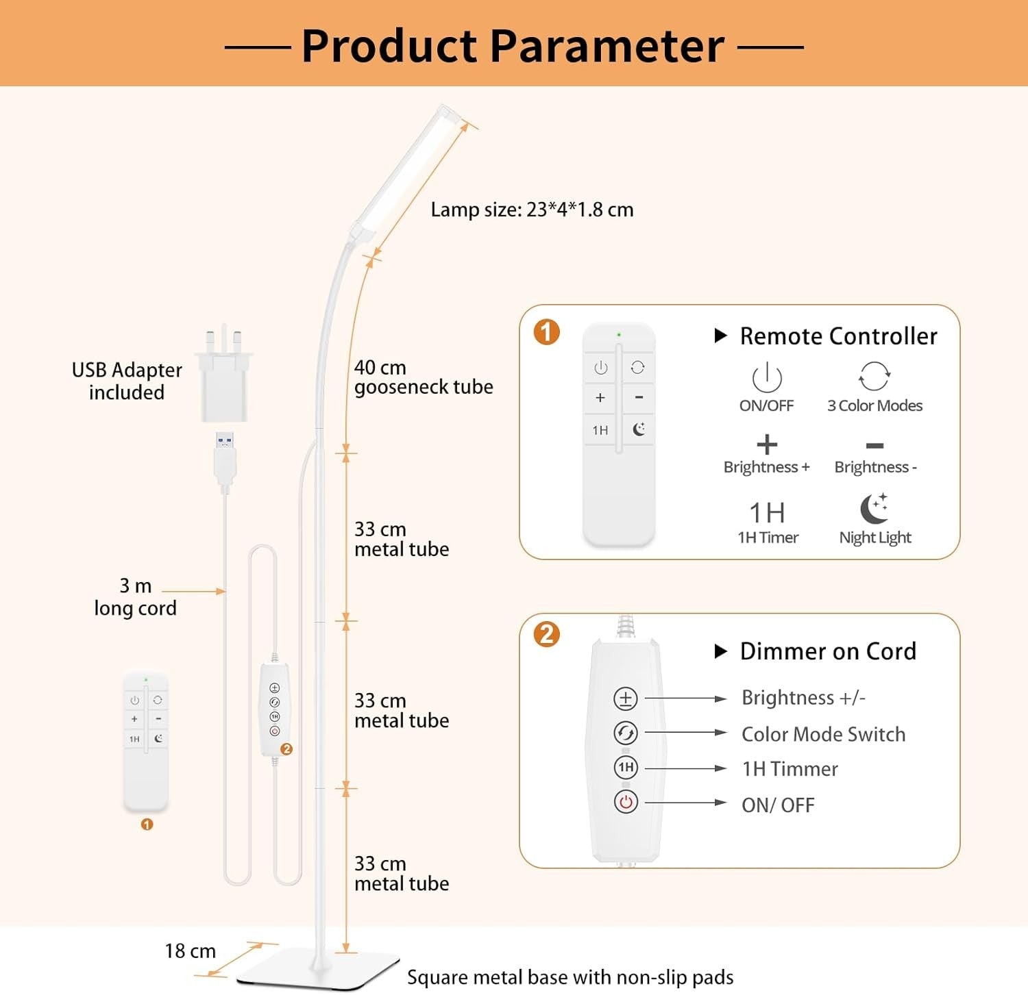 LED Floor Lamp Remote Control Dimmable Reading Light Flexible Gooseneck