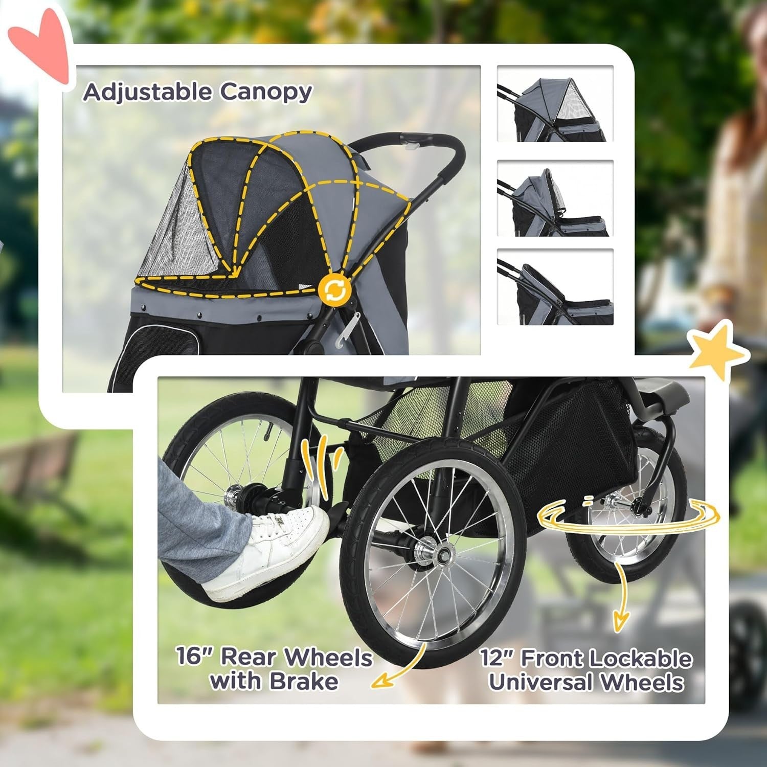 Foldable Dog Stroller for Small & Medium Pets, 3 Wheel Jogger, 20kg