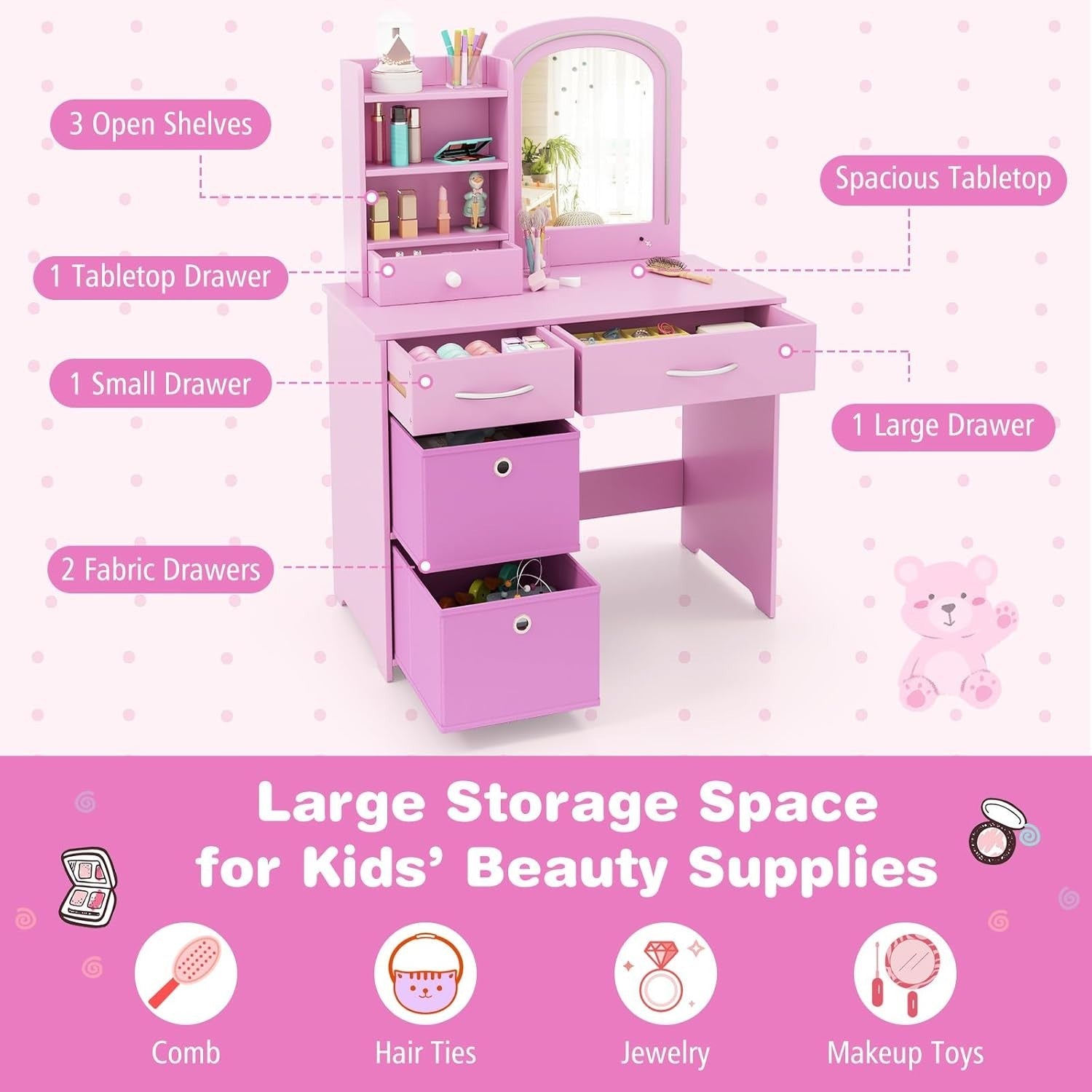 Kids Vanity Table Set with Mirror & Lights 3 Drawers Desk Storage Pink Children'