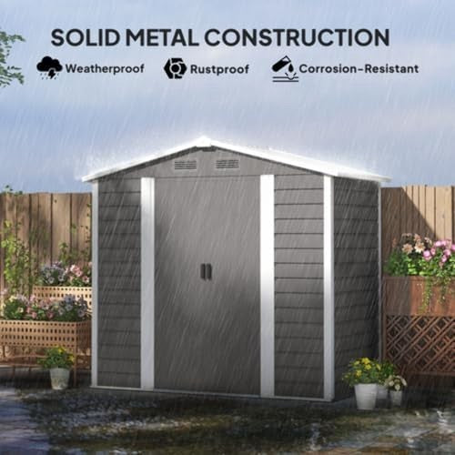 7x4ft Metal Garden Shed with Lockable Double Doors & Ventilation