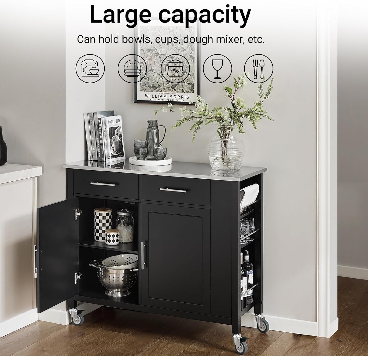 Black Kitchen Island Trolley Cart with Drawers & Steel Top 107x46x94cm