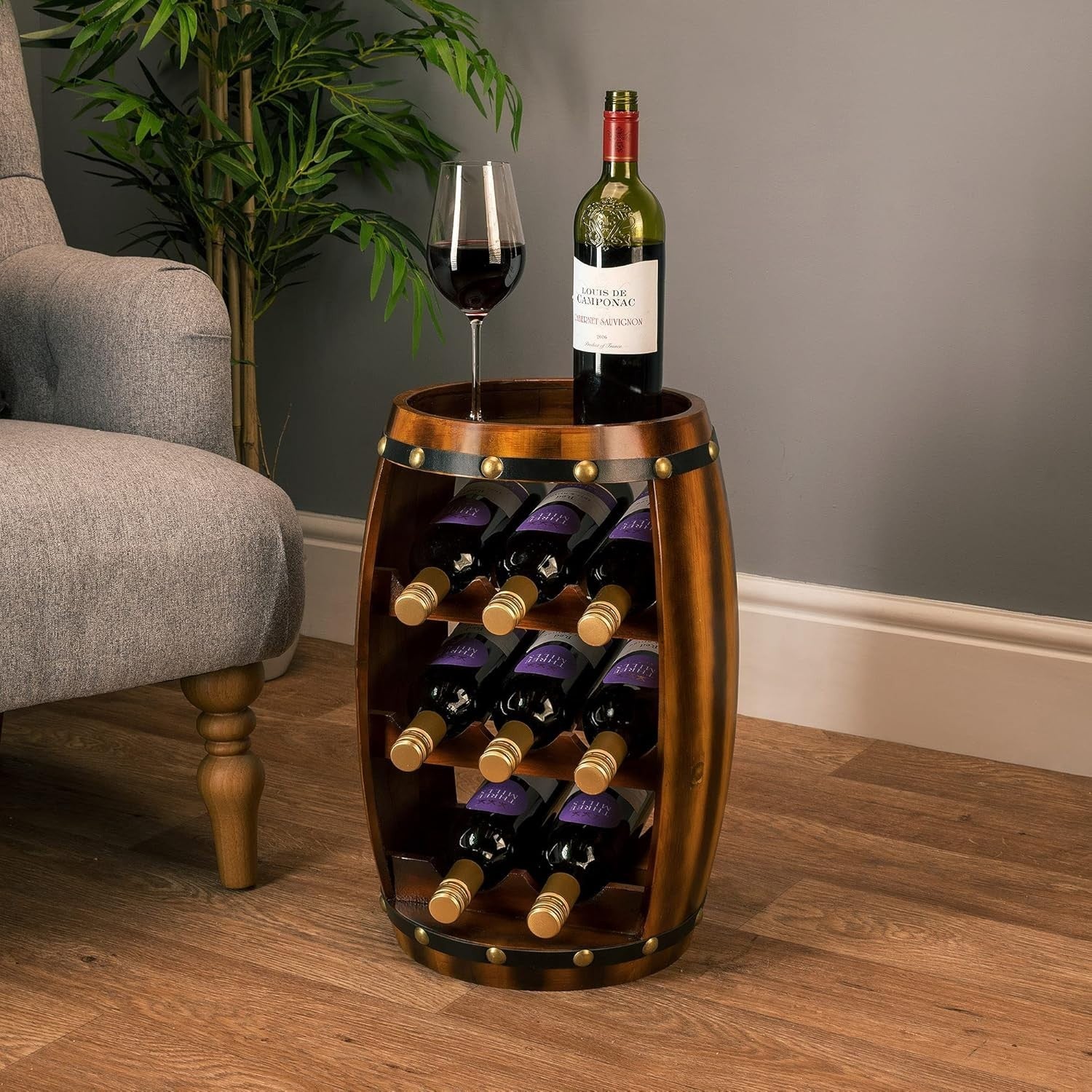 Rustic Wooden Wine Barrel Rack 8 Bottle Holder Free Standing Home Bar Storage