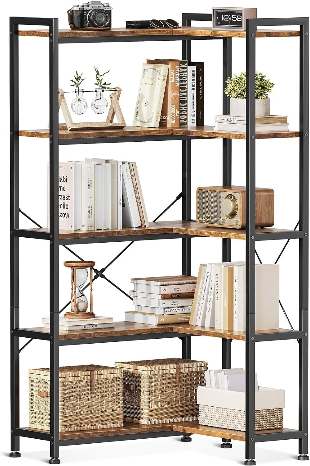 5 Tier L Shaped Corner Bookcase Rustic Brown Metal & Wood Storage Shelf