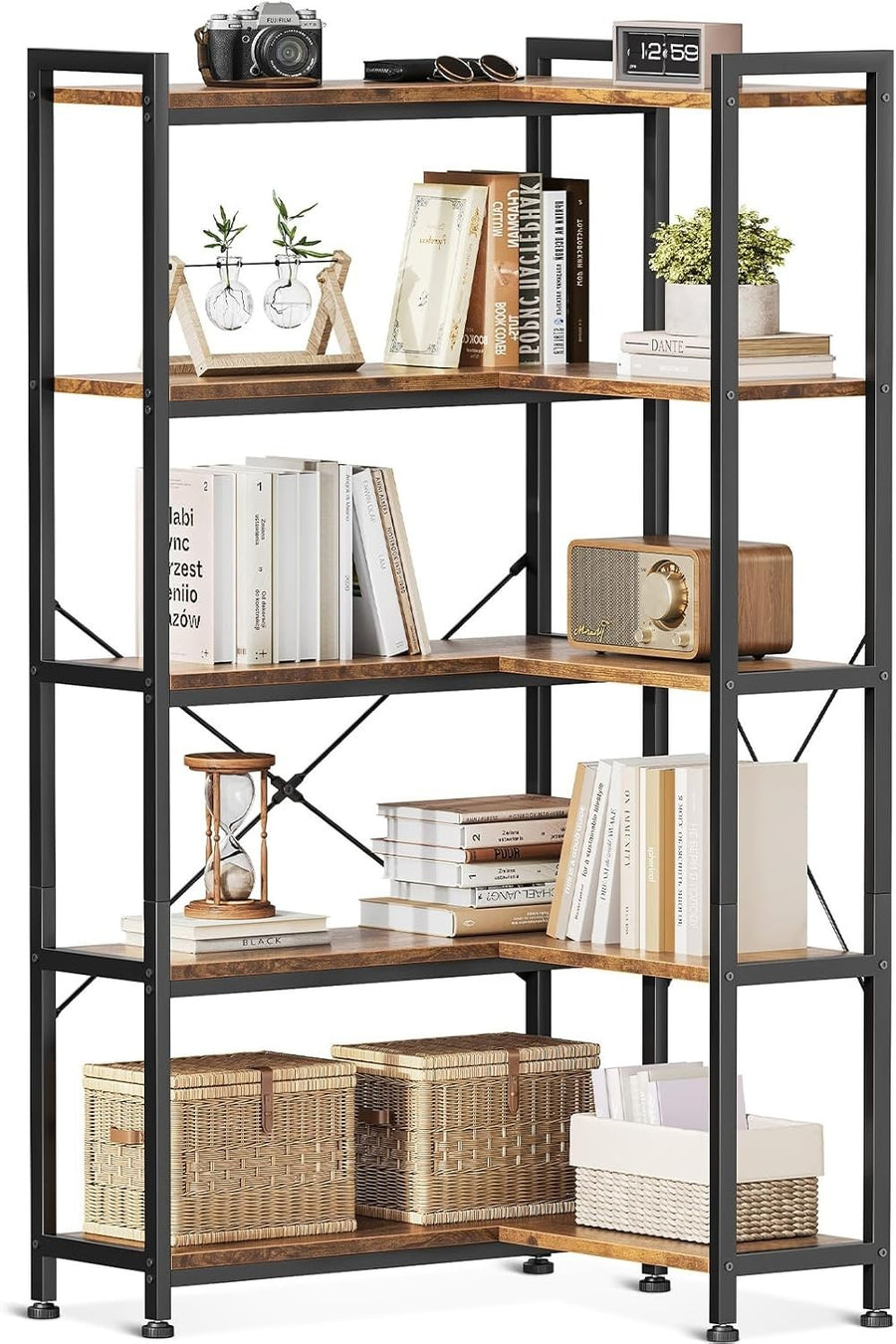 5 Tier L Shaped Corner Bookcase Rustic Brown Metal & Wood Storage Shelf