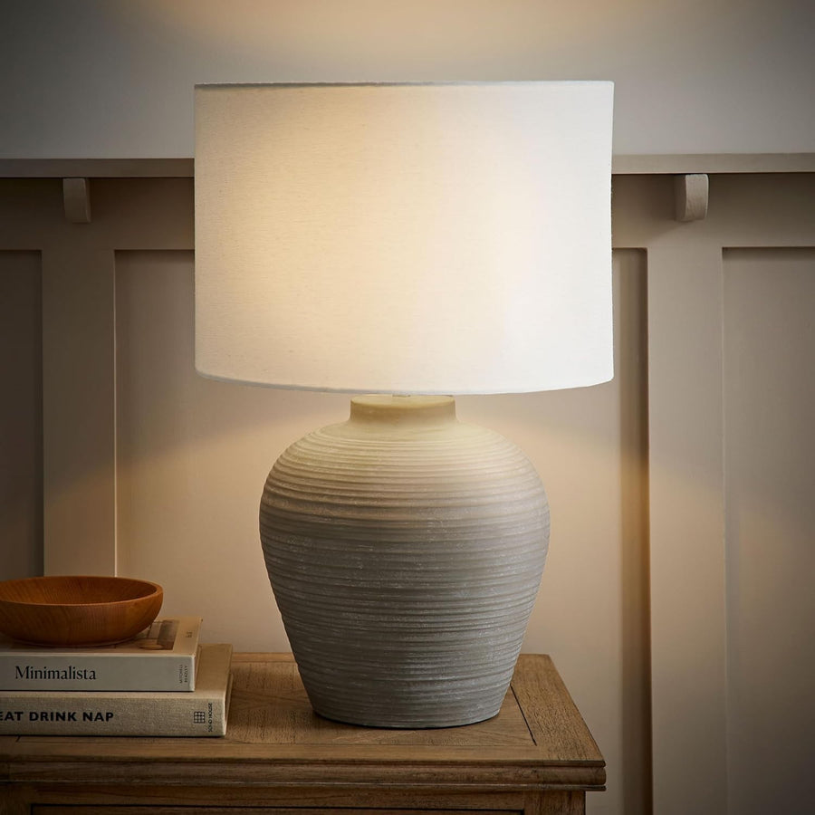Stone Grey Ribbed Ceramic Table Lamp Large Linen Drum Shade 54cm